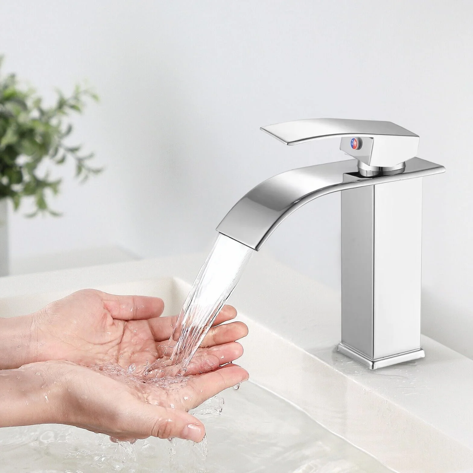 Grifo Lavabo Cascada Grifo de Lavabo Baño Grifos para Lavabos de Baño Grifo Monomando Lavabo con Altura de Pico de 110 MM Grifo Cascada con manguera de Salida Caliente y Fría Plateados(Cromo)