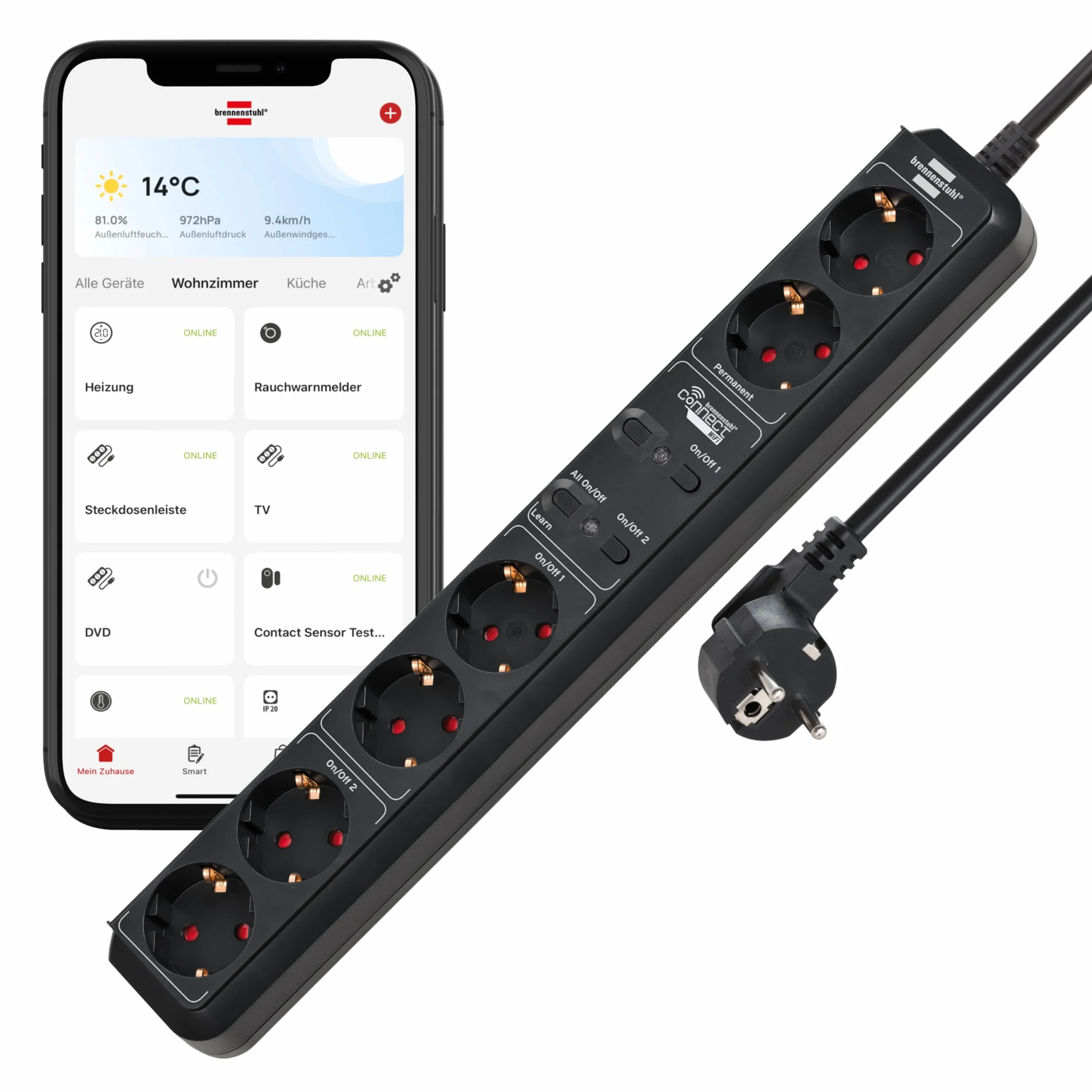 Brennenstuhl Connect Regleta Inteligente Eco-Line WS EL0102 con 6 Tomas programable (Regleta WiFi, Control por App o Voz, aplicación Gratuita, Compatible con Alexa y Google Assistant) Negro