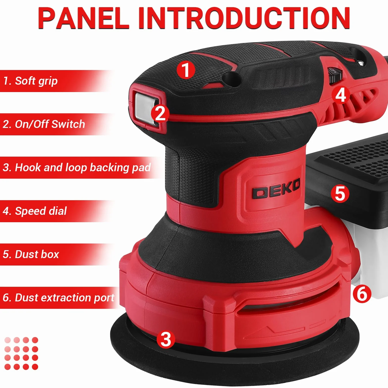 DEKOPRO Lijadora Orbital 300W, 6 ajustes de velocidad, 14000 rpm, adecuada para lijadoras eléctricas de madera, equipada con 16 hojas de lijado y 3 cepillos(Rojo)