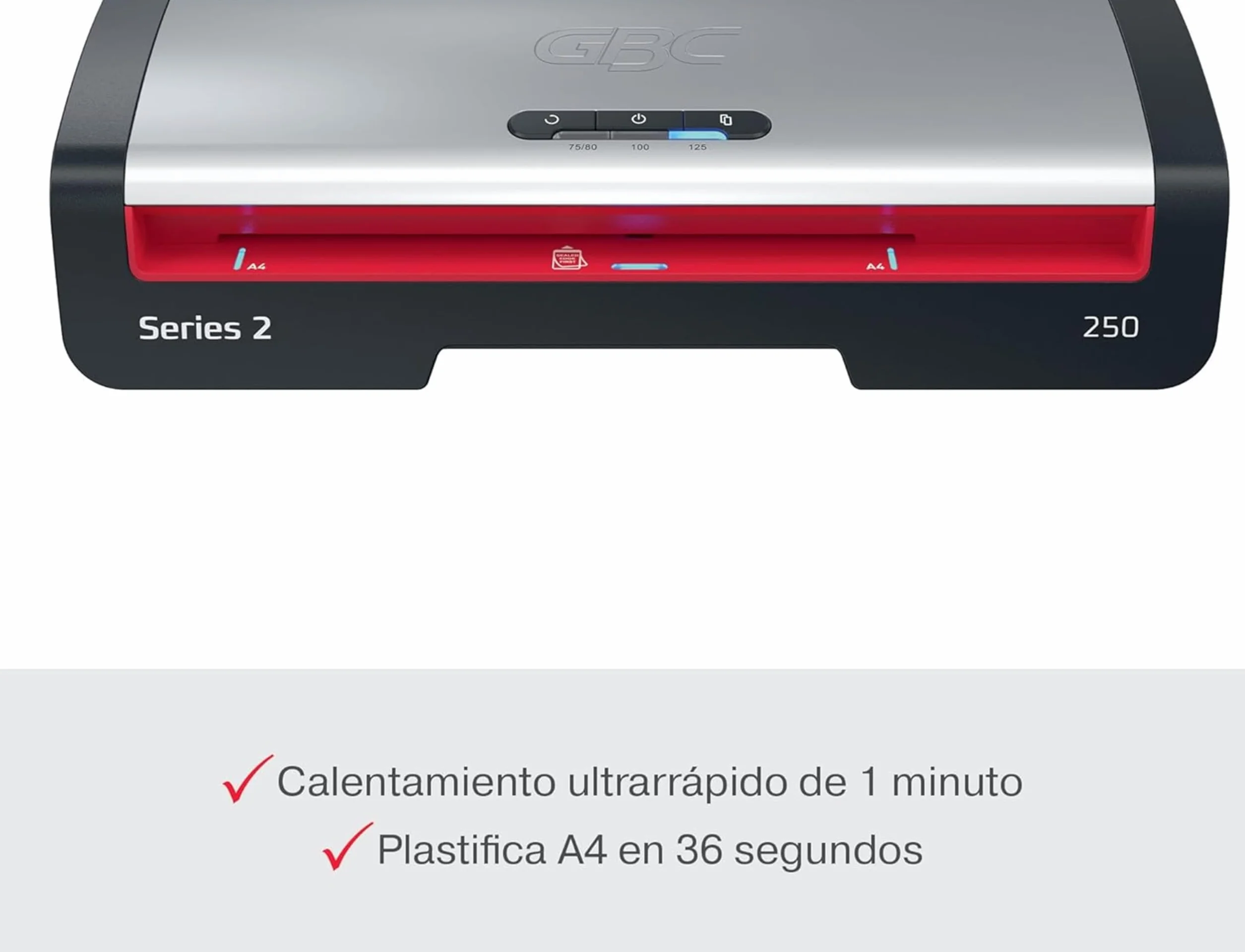 GBC 4410070EU - Plastificadora 250 Office A4, Calentamiento Rápido 1 Minuto, 75-125 Micras, LED de Guía de Entrada, Antiatascos, Apagado Automático, Incluye 5 Fundas de Plastificación A4, Negro/Rojo