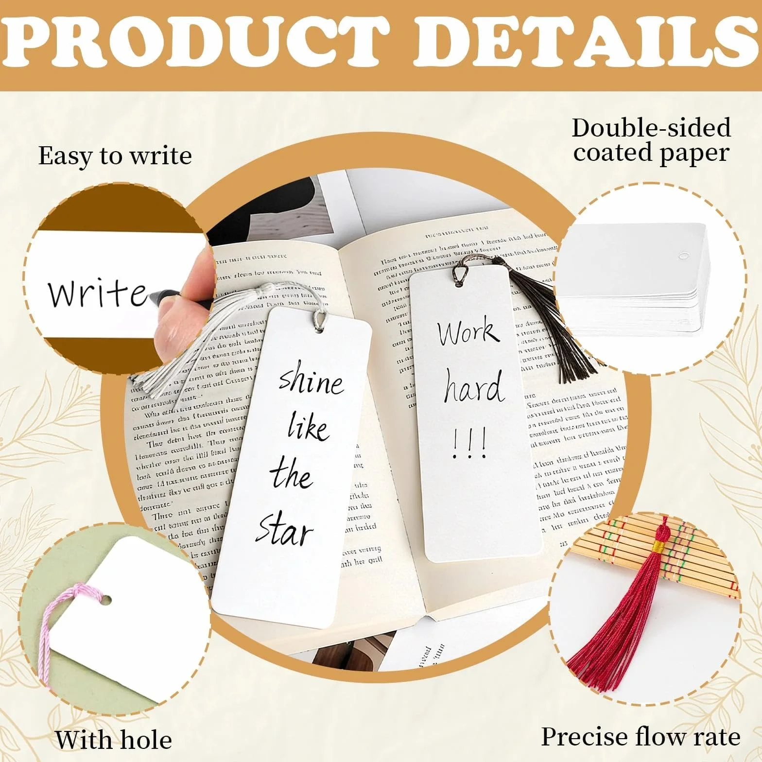 Marcapaginas Papel Personalizado 14x4.9 cm con Agujero Borlas 90 Piezas (Blanco)