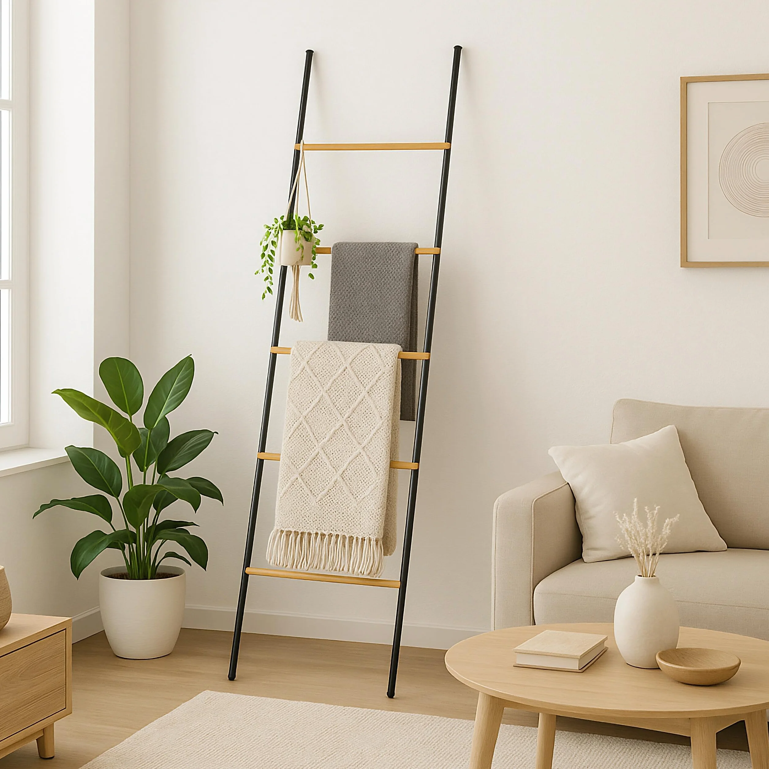 Escalera para Toallas Relaxdays, bambú y Hierro, HBT: 164 x 45 x 2 cm, 5 peldaños, Negro/Natural