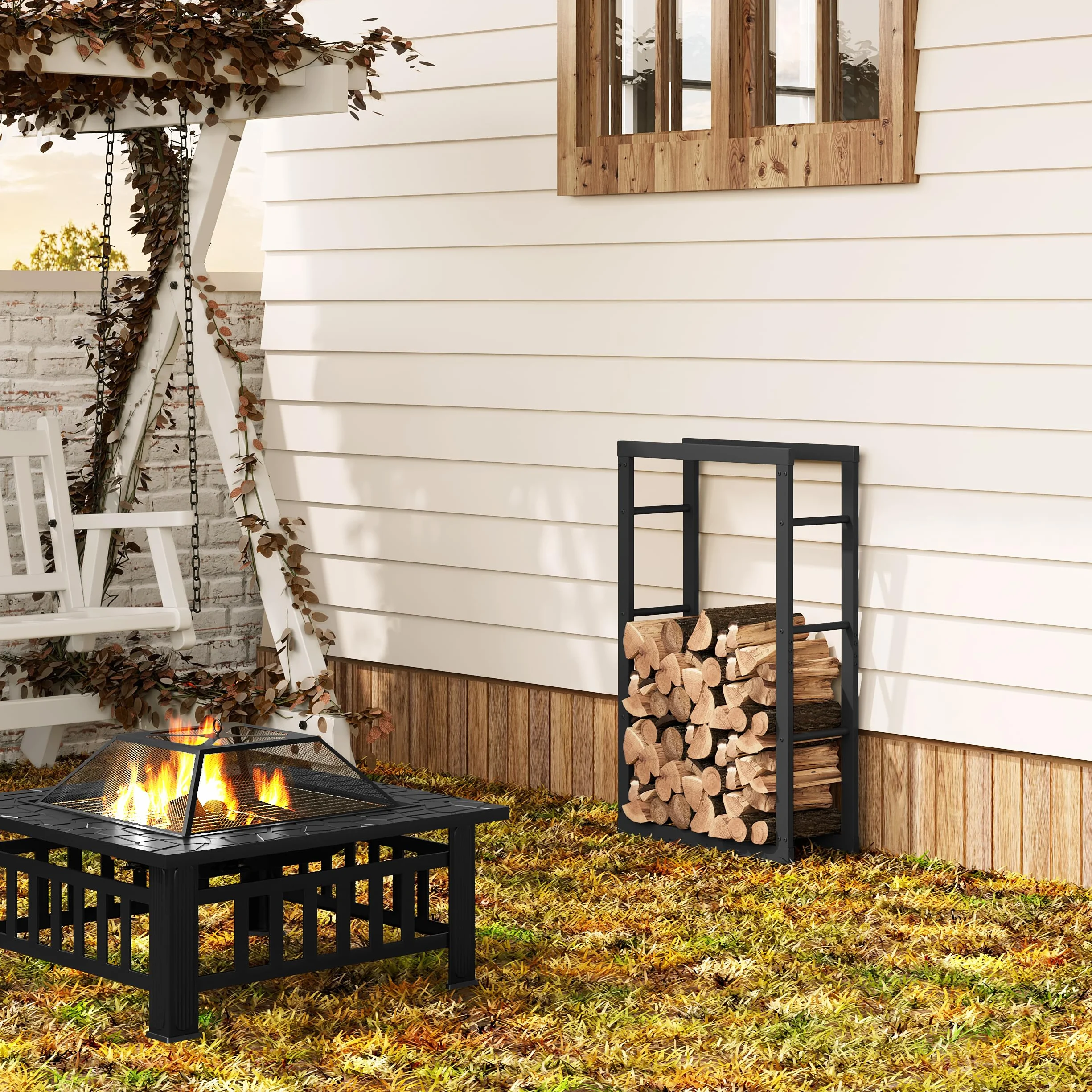 Laneetal Soporte para Leña, 60x25x100 cm, Estante para Leña de Chimenea, Leñero Interior y Exterior de Metal, Estanteria de Almacenamiento de Madera, Negro
