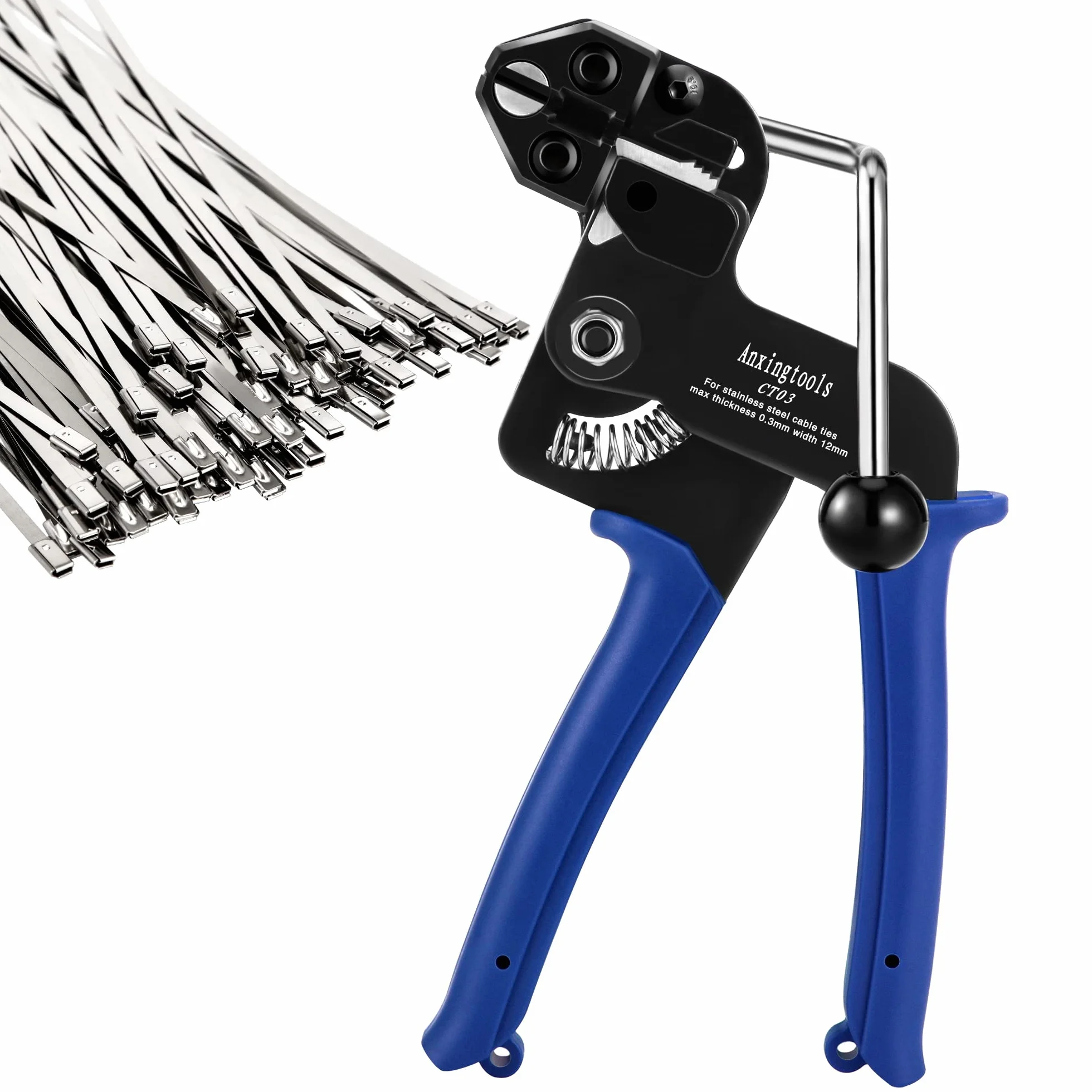 200PCS Kit de pistola de envoltura de amarre de metal, pistola de amarre de cable de acero inoxidable Herramienta de tensión y corte ajustable con 200pcs Bridas de cable de acero inoxidable 304