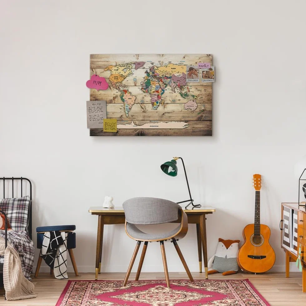 murando - Mapamundi con tablero para clavar chinchetas 120x80 cm - Cuadro en Lienzo sintético - 1 parte - Panel de Fibra - Mapa del Mundo Continente - viajes geografia Vintage k-C-0077-v-a