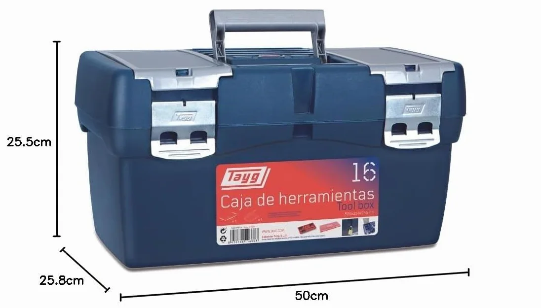 Tayg Caja Herramientas 16, Bandeja Doble Capacidad, Cierres Metálicos, Caja de Herramientas de Polipropileno, Soporta hasta 120 kg, Medidas 500 x 258 x 255 mm, Azul/Rojo