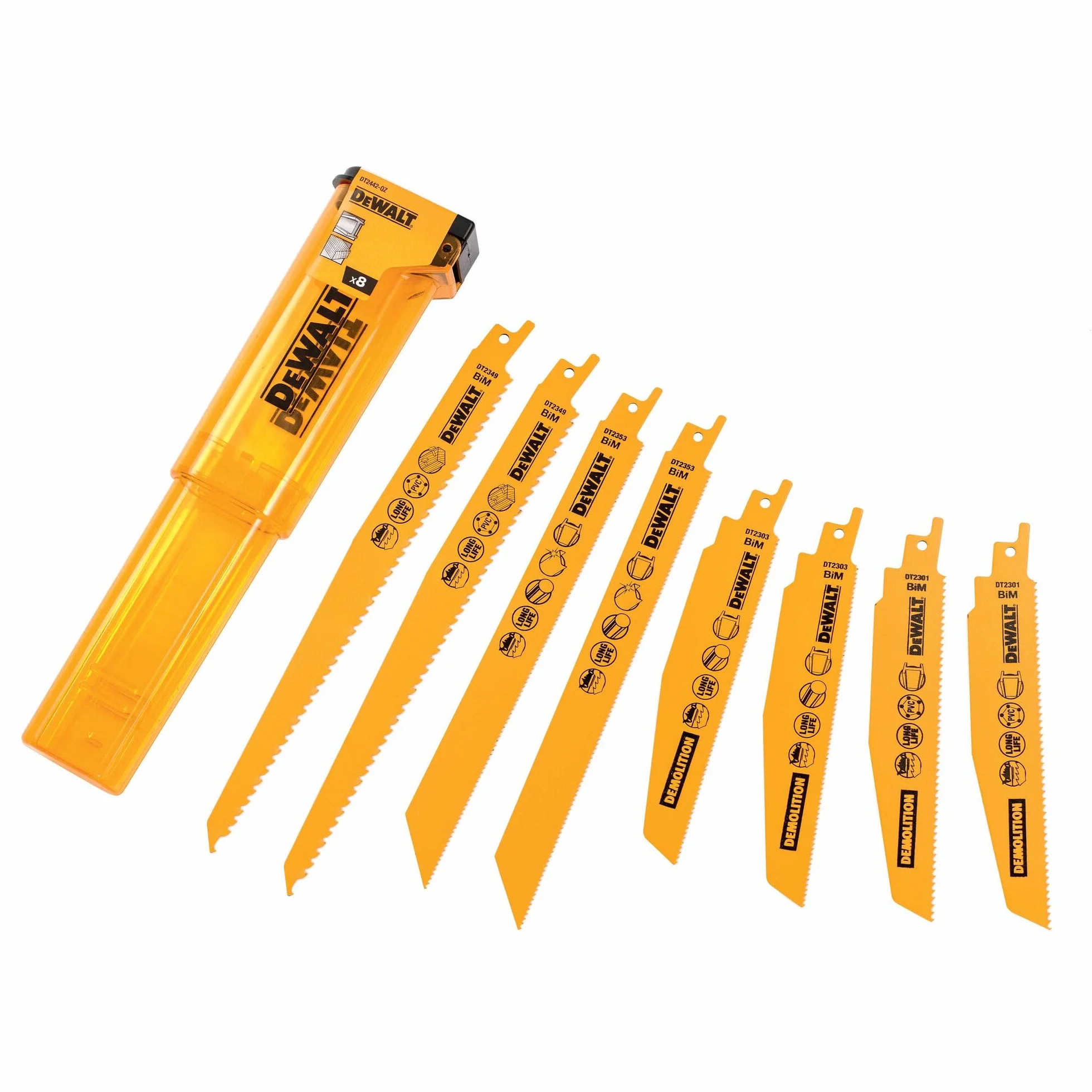 DEWALT DT2442-QZ - Kit 8 hojas de sierra de sable, Bi-metal, Dentado patentado para aplicaciones exigentes, para madera, madera con clavos y metal