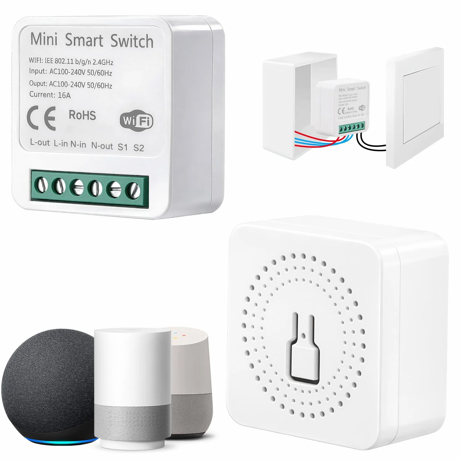 2pcs Interruptor Inteligente WiFi, Smart Switch WIFI Compatible con Alexa Tuya y Smart Life, Mini Interruptor WiFi DIY, Interruptore Inteligente 2.4GHz, Requiere Cable Neutro