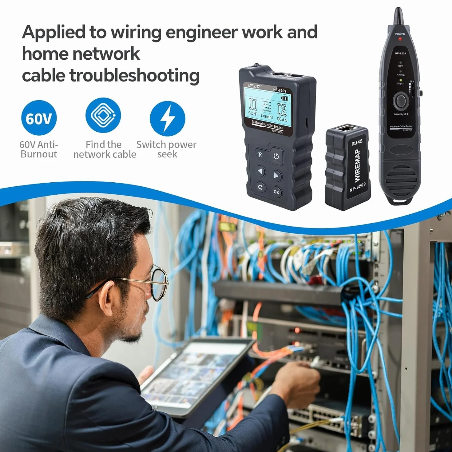 NOYAFA NF-8209 Probador Cables de Red Ethernet - Localizador y Medidor de Longitud para Cat5/Cat6, Rastreador Multifunción con Prueba PoE, Detección de Fallos y Parpadeo de Puertos