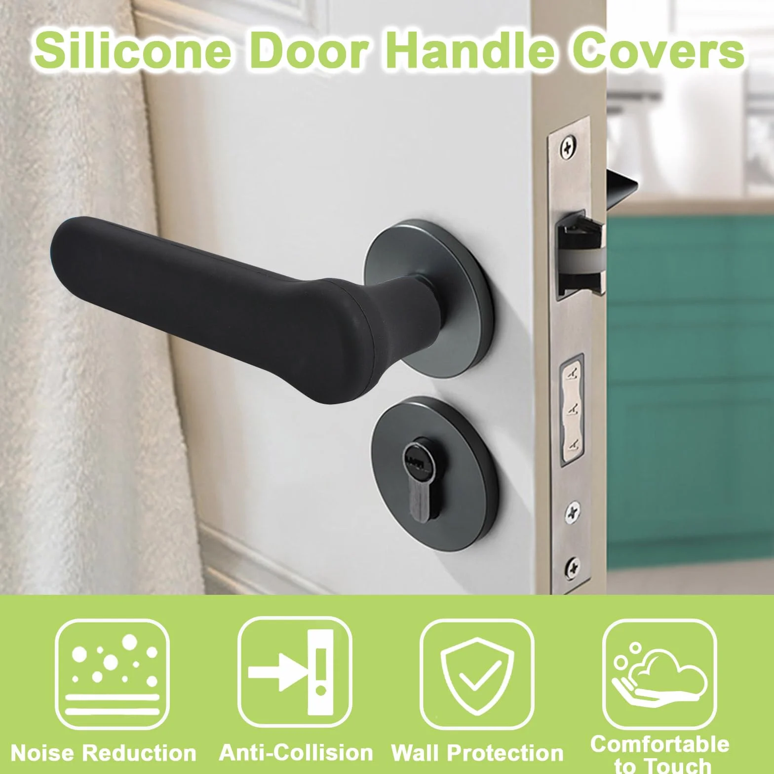 Fundas para manijas de puerta, 10 unidades, color negro mate, fundas de silicona para manillas de puerta antiestáticas, protector de perilla de puerta para palancas de puerta cuadradas planas