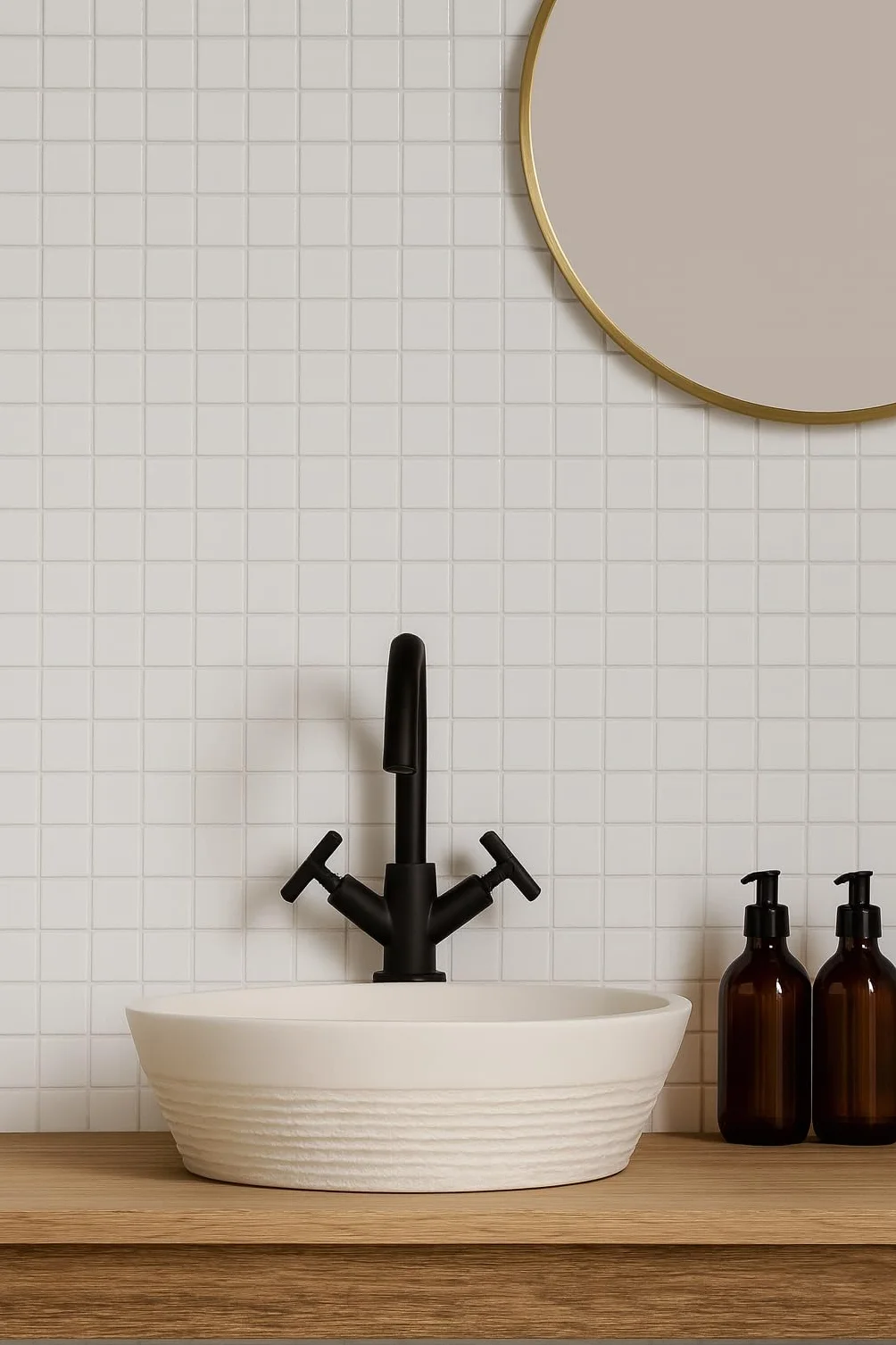 Modelo G001 (Blanco Brillo) Mosaico enmallado de Porcelanico. Medida 4,8x4,8cm. Pegado en Mallas de 30x30cm