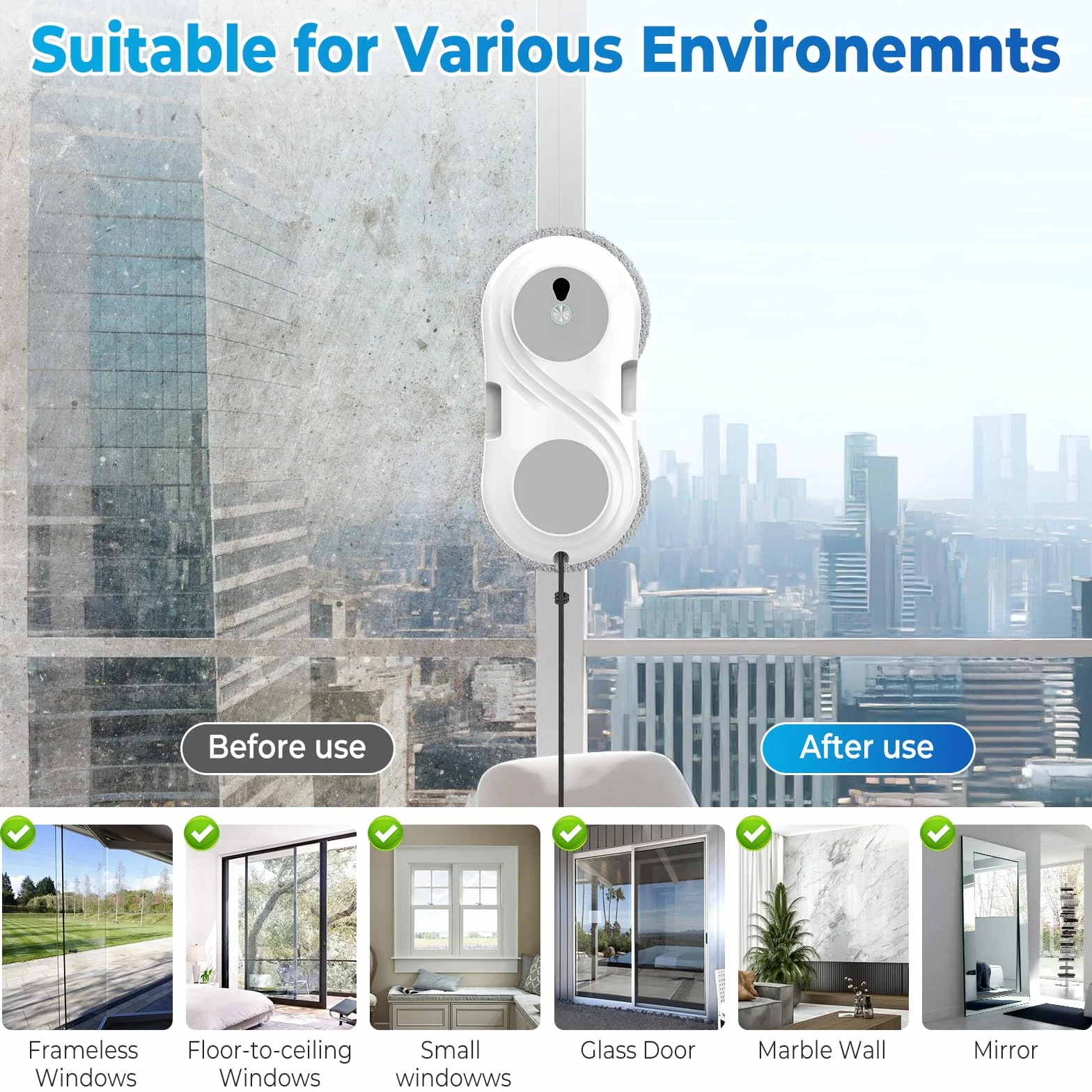 Robot Limpiacristales, 8000Pa Robot Limpia Cristales Ventanas avec Sistema de Pulverización Bidireccional, Navegación Inteligente y Seguridad Anticaídas, Mando, para Todas Las Superficies Lisas