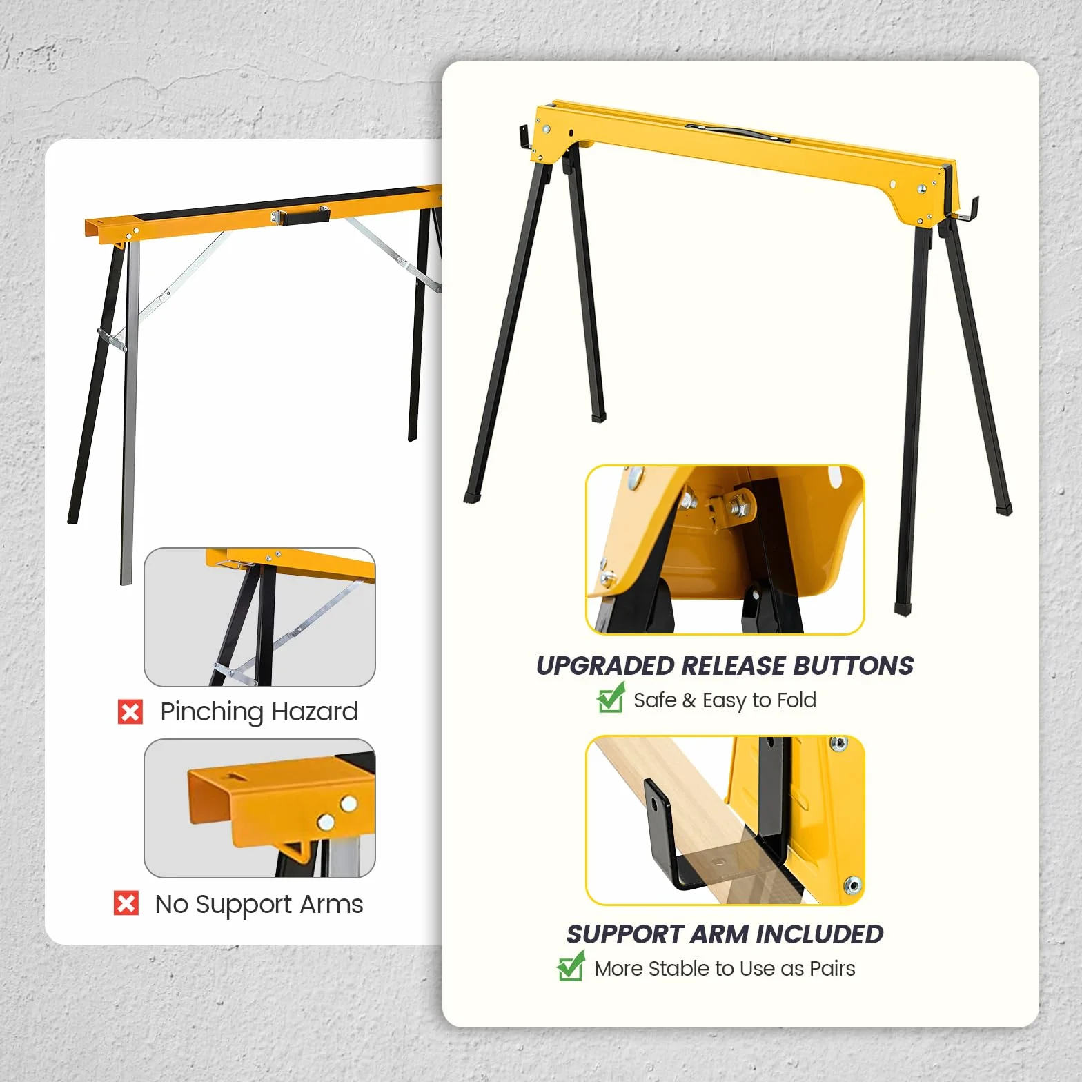GOPLUS Pack de 2 caballetes de sierra plegables, andamios portátiles con mango cómodo y brazos de apoyo desmontables 2 x 4, capacidad de peso de 600 kg por caballete, no requiere montaje
