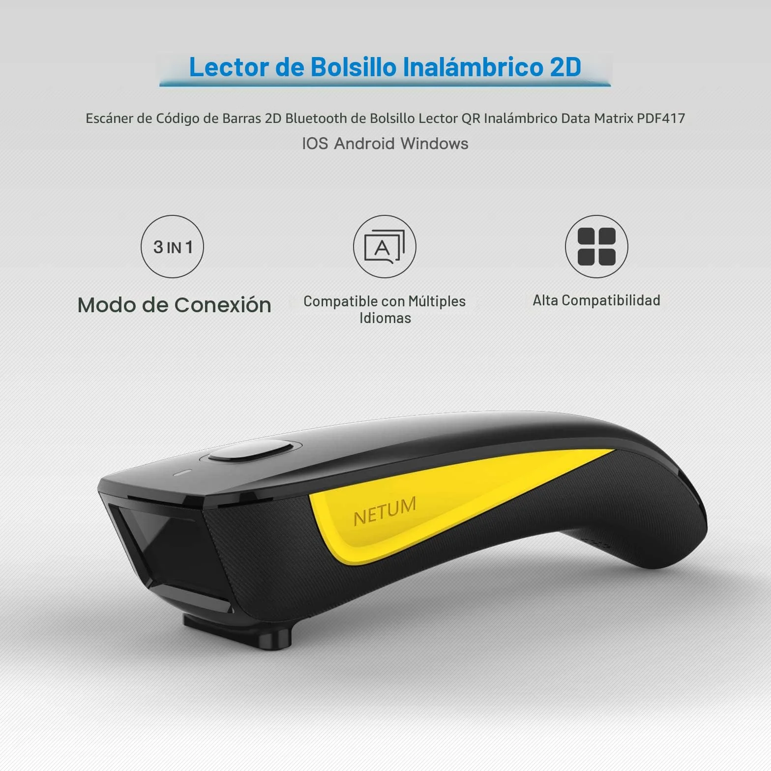NETUM Escáner de código de Barras 1D 2D inalámbrico, Bluetooth QR escáner de Bolsillo portátil, para inventario para tabletas, iPhone, iPad, Android, iOS, PC y POS - C750