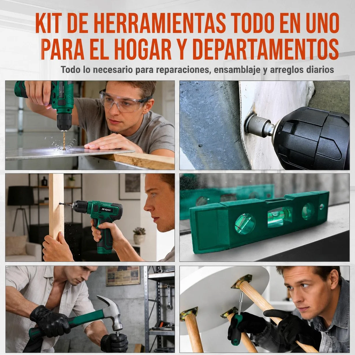 Hi-Spec Kit Herramientas Casa Multiusos Color Verde, Caja Herramientas con Atornillador Eléctrico Inalámbrico 8V, Maletín Portátil para Bricolaje Doméstico