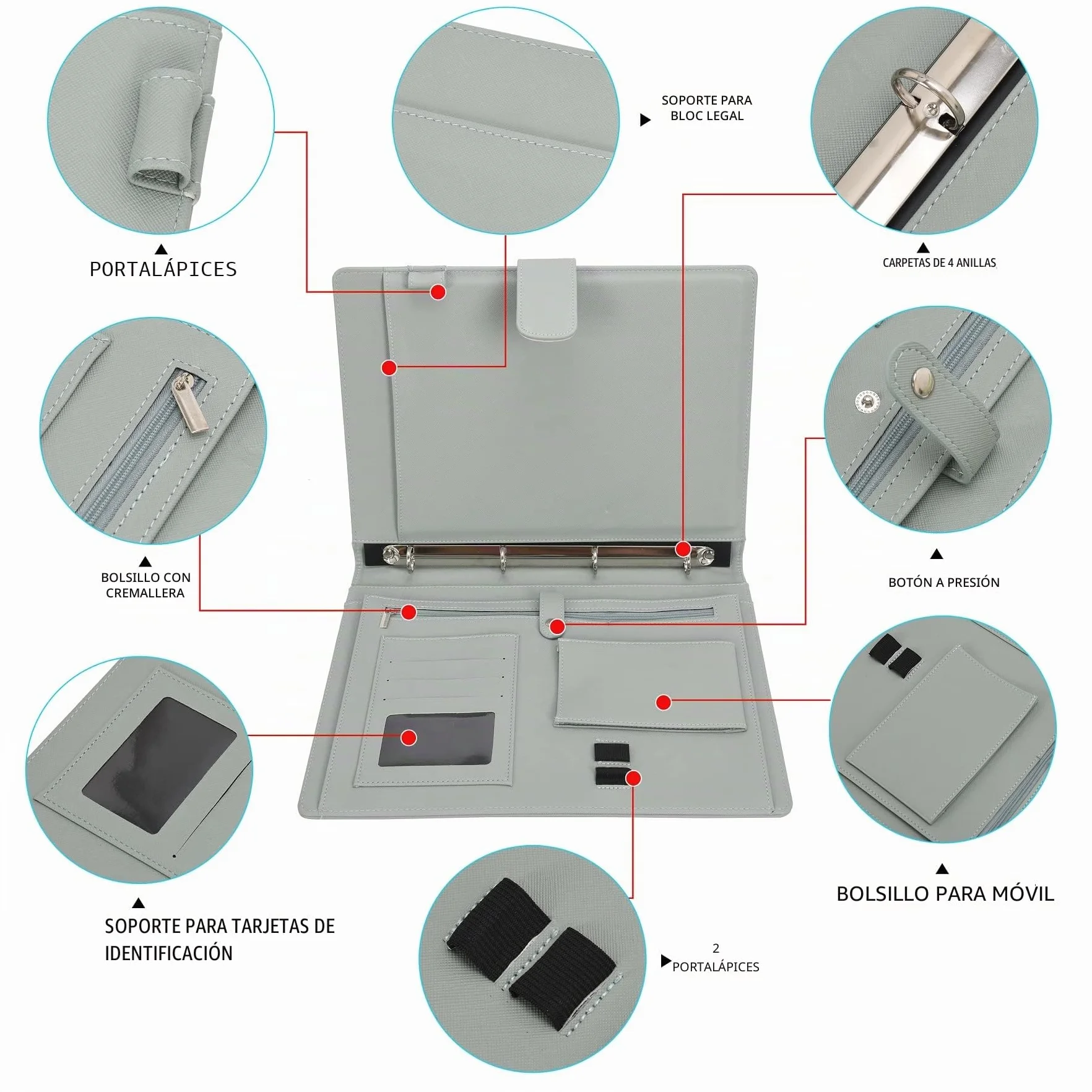 Wonderpool A4 PU Cuero 4 Anillos Carpeta Organizador con Portapapeles Extraíble y Bolsillo Funcional (Verde)