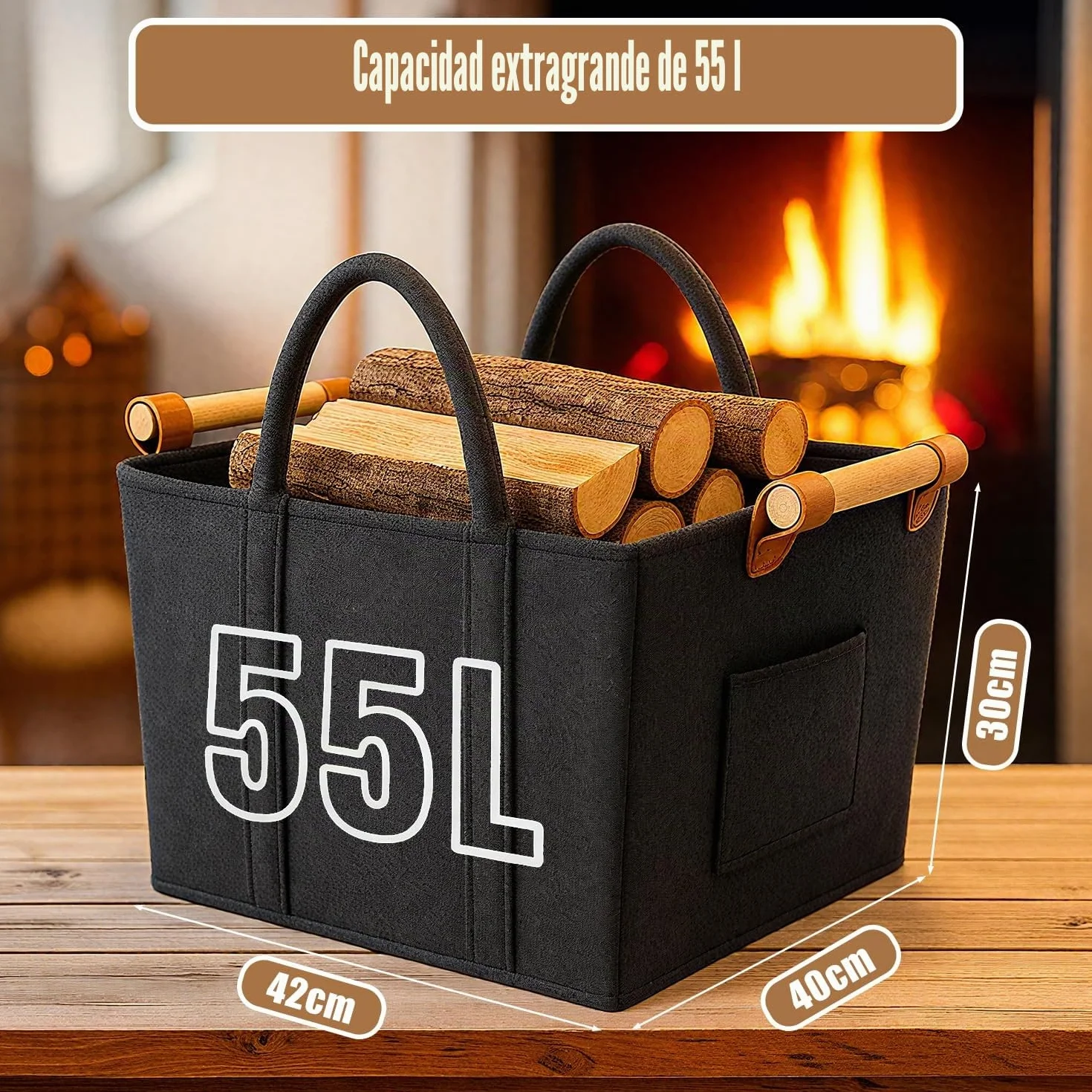 Cesta Leña Chimenea de Fieltro, Cesta para Leña con Guantes, Cestas Almacenaje con Asas de Transporte, para Leña, Revistas, Periódicos, Ropa (42 cm x40 cm x 30 cm)