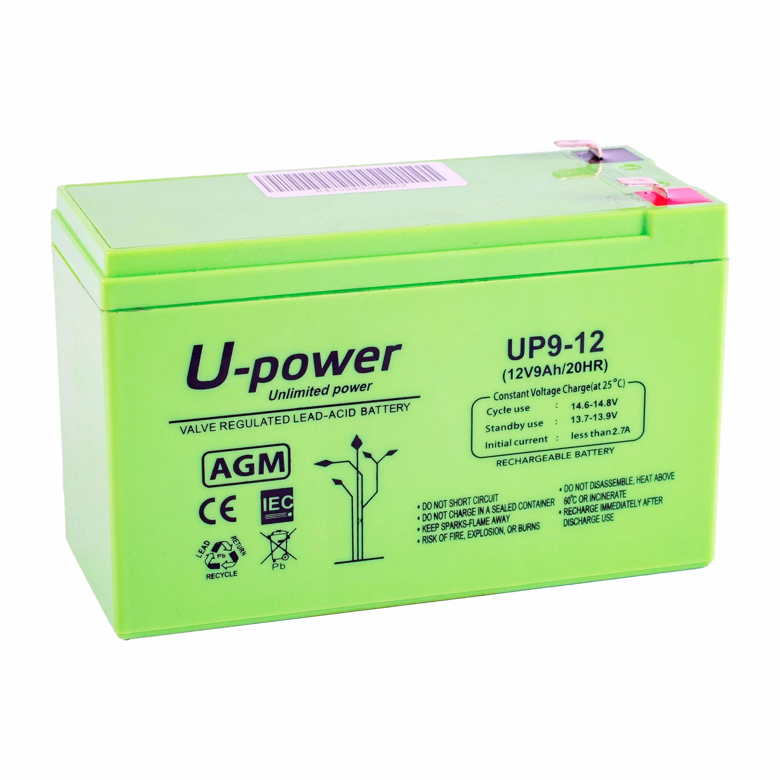 U-Power Batería AGM 12V 9Ah – Sellada Recargable Plomo-Ácido VRLA – para Alarmas, SAI/UPS, Seguridad, Juguetes Eléctricos y Más – Terminal Faston F2 (6.3 mm)