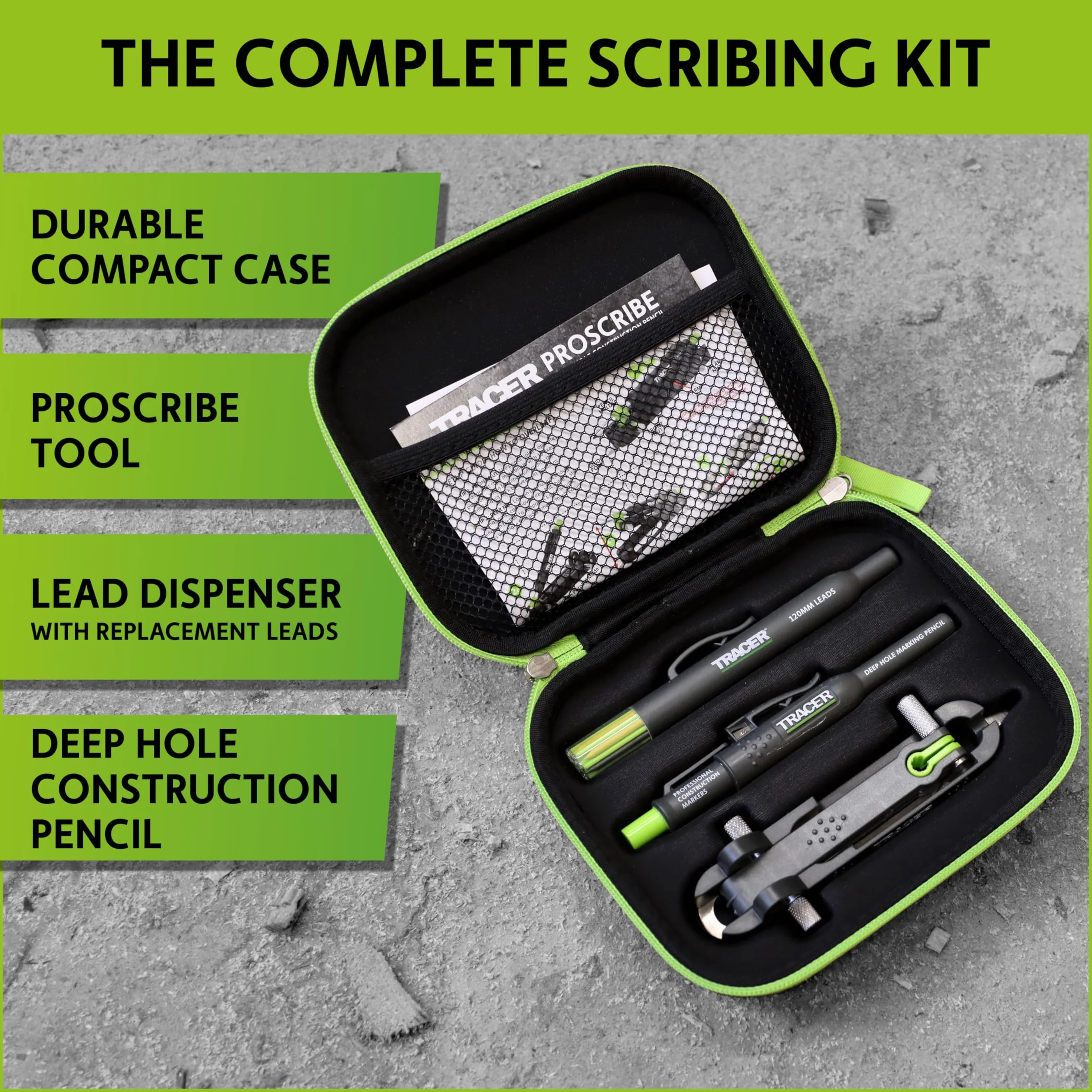 Tracer ProScribe APST2 | Herramienta de Trazado Multifunción con Gramil, Lápiz de Agujero Profundo y Estuche | +15 Aplicaciones | Carpinteros, Albañiles | Madera, Metal, Plástico