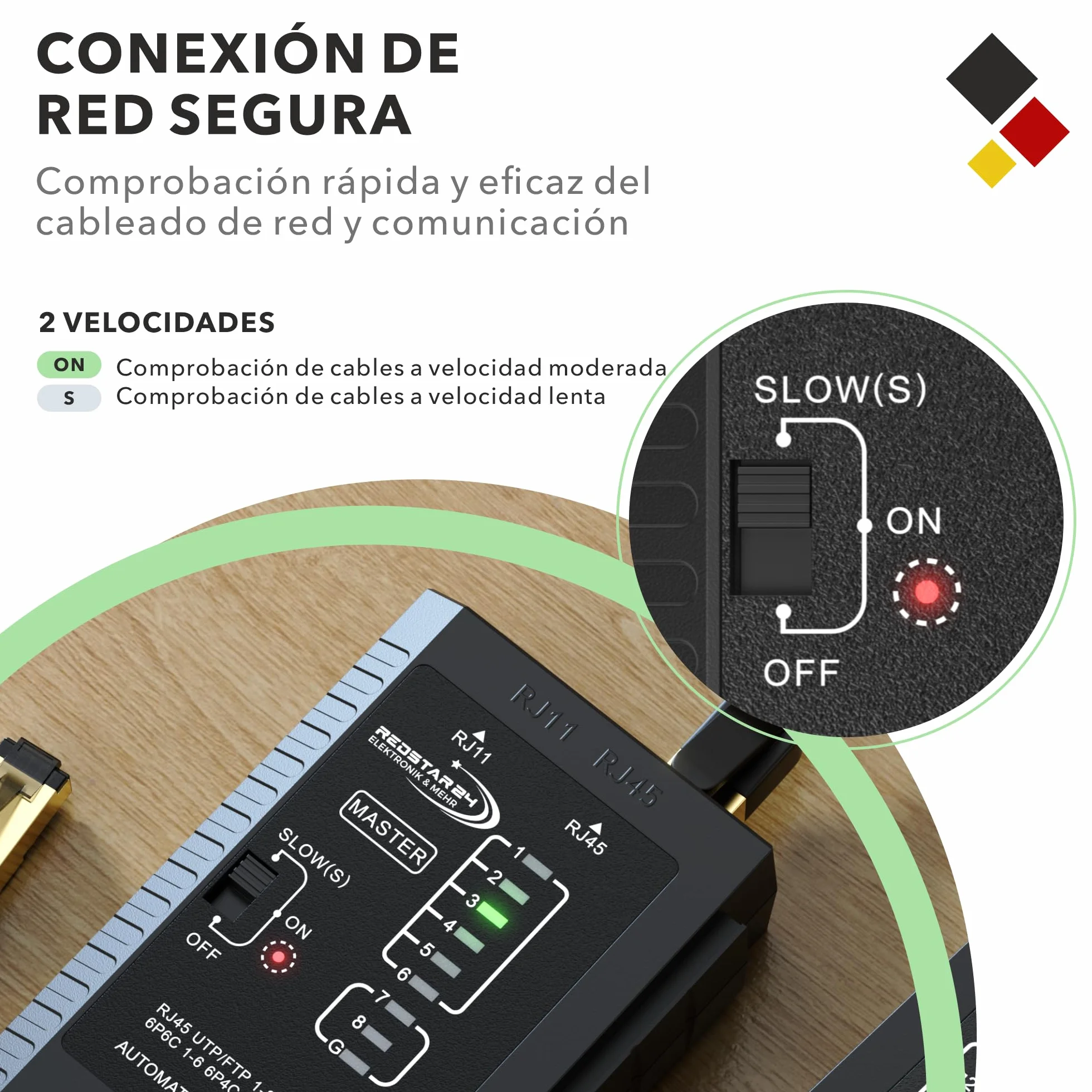 RedStar24 Comprobador RJ45 - Probador Red - Tester Cables LAN RJ11, RJ12, RJ45 para Patch Cables - LEDs Prueba para Testeo Preciso LAN y Red - Ideal para Tests Cables y Líneas