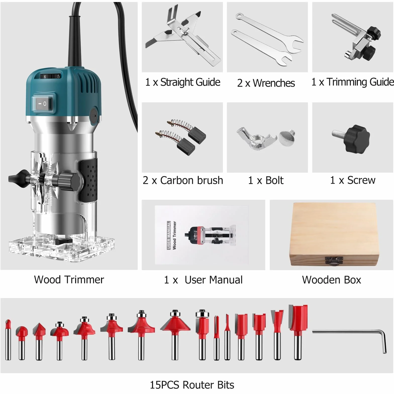 JiGiU 800W Fresadora de Madera Velocidad Variable Rebajadora Eléctrica 6.35mm(1/4 pulgada) 30000r/min con 6 Puntas de Carburo, Cuerpo de Aleación de Aluminio Resistente con 15 Piezas Fresas