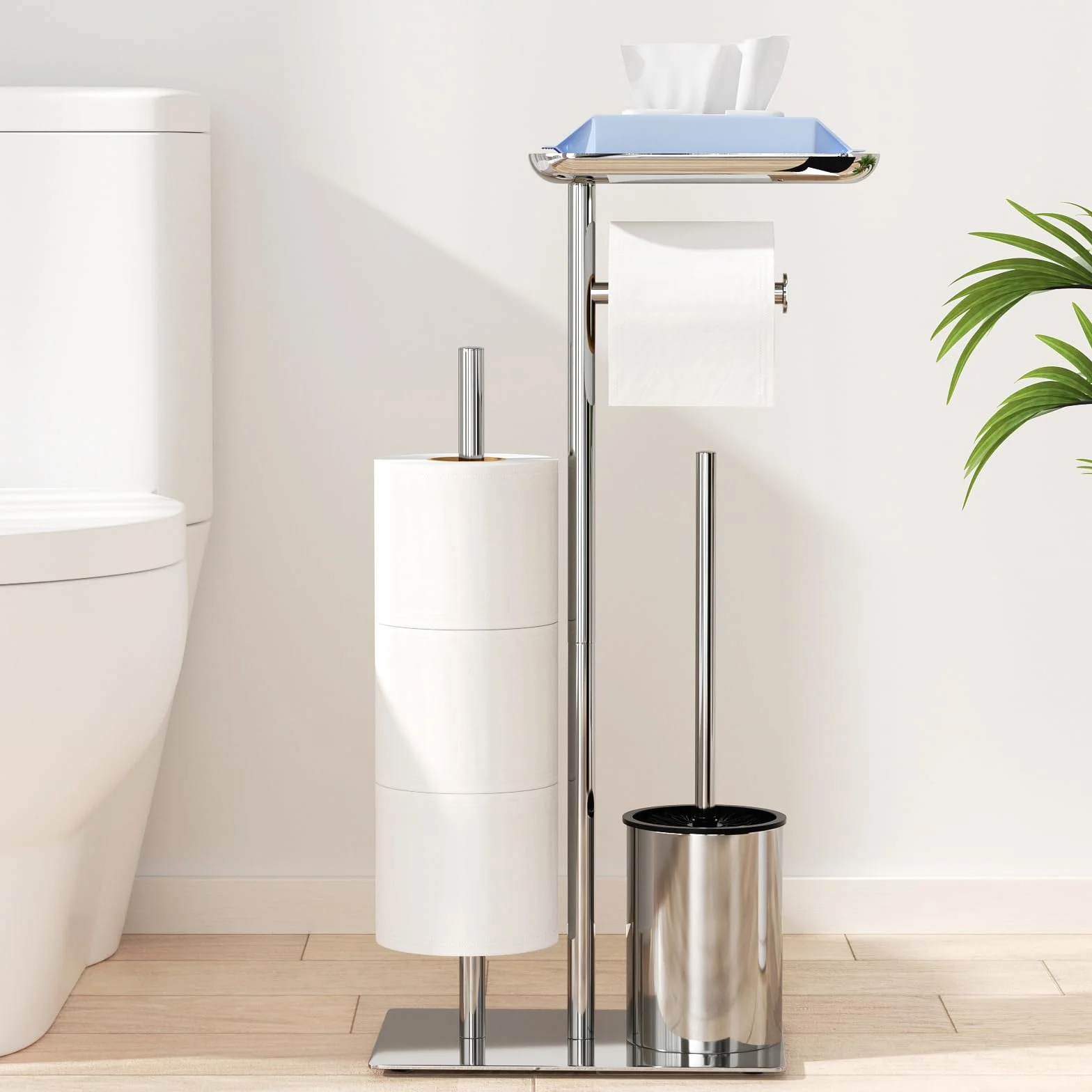 Portarrollos de papel higiénico de pie plateado con cepillo – Set WC con escobilla, bandeja y portarrollos