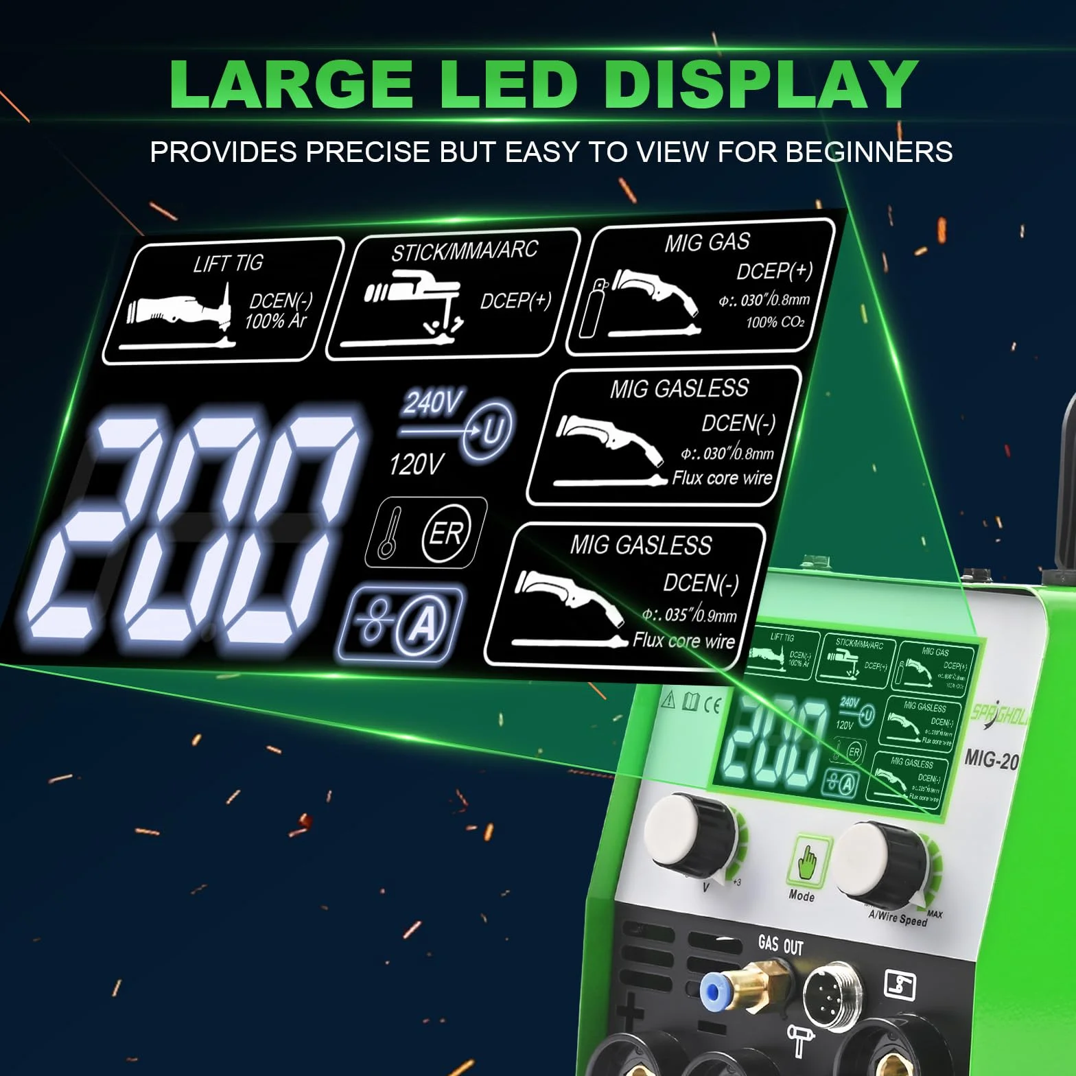 Soldadora 200A 240V – 5 en 1 Multifunción: MIG con Gas, MIG sin Gas, MMA, Lift TIG, Compatible con Pistola de Bobina para Aluminio, Modo Sinérgico, Inverter IGBT y Pantalla LED