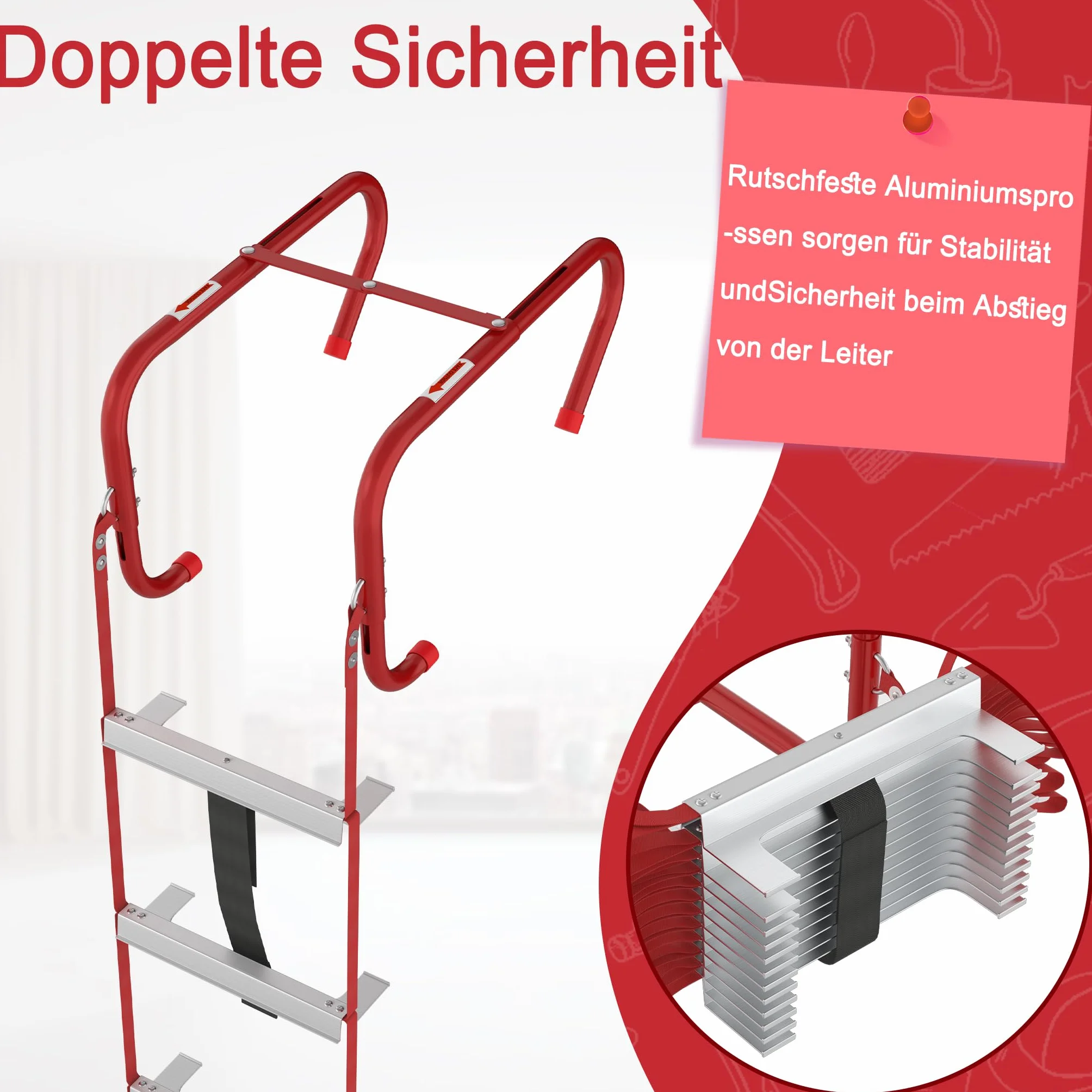 UISEBRT Escalera de emergencia ignífuga, escalera de seguridad, escalera de cuerda retráctil, adecuada para edificios de 4 pisos, balcón, ventana, capacidad de carga de hasta 450 kg (15 m/45 peldaños)