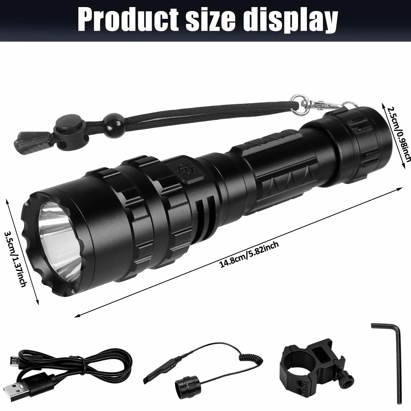 Kit de Linterna LED Alta Potencia Recargable 1600 LM Brillante Antorcha Táctica Linterna de Mano 5 modos 500 metros Impermeable con cargador USB y modo SOS (batería incluida)