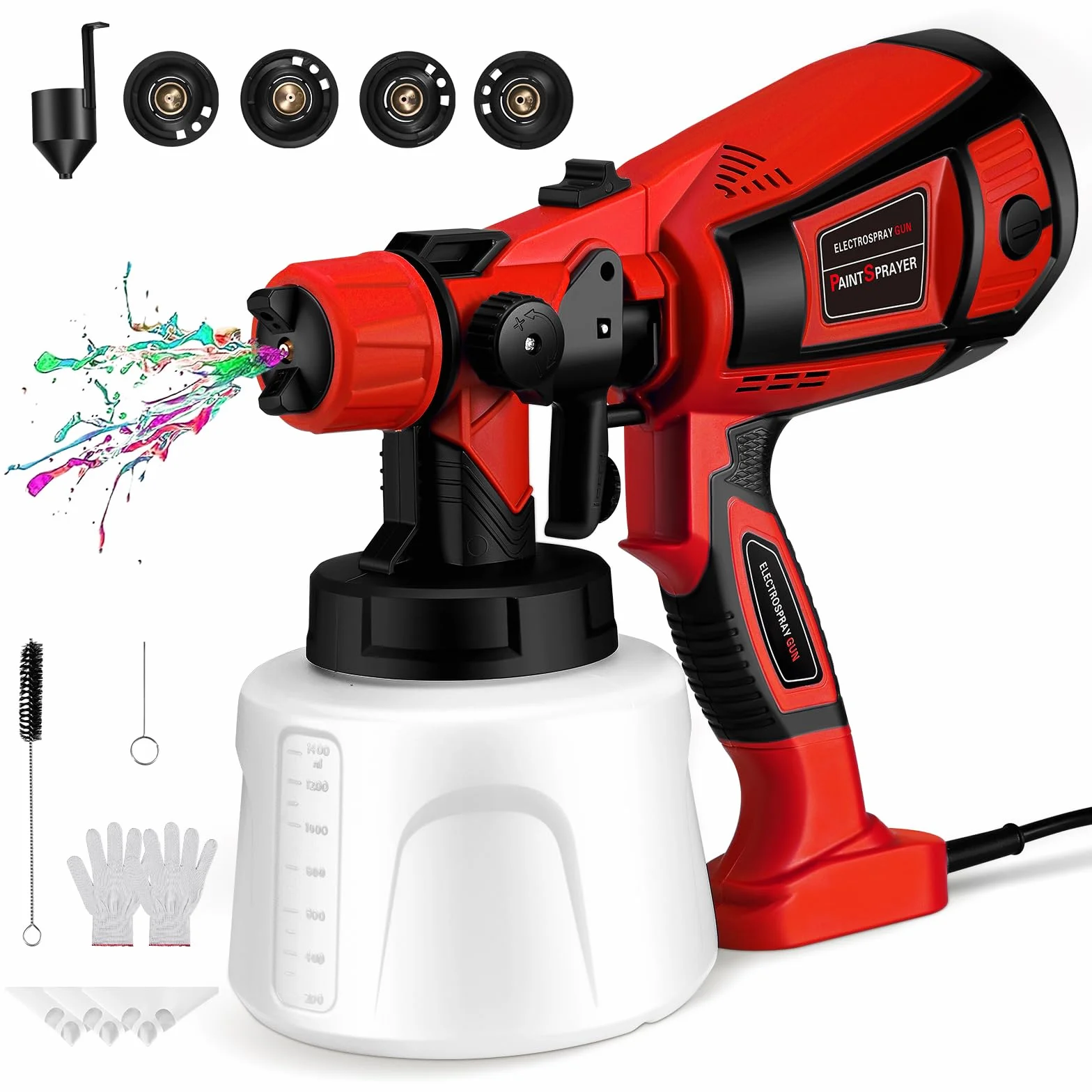 Pistola de Pintura, Pistola de Pintura Eléctrica HVLP 800W con 4 Boquillas Cobre 3 Patrones, Capacidad 1400ml Flujo Ajustable para Paredes Interior Exterior Vallas Techos Muebles, Rojo