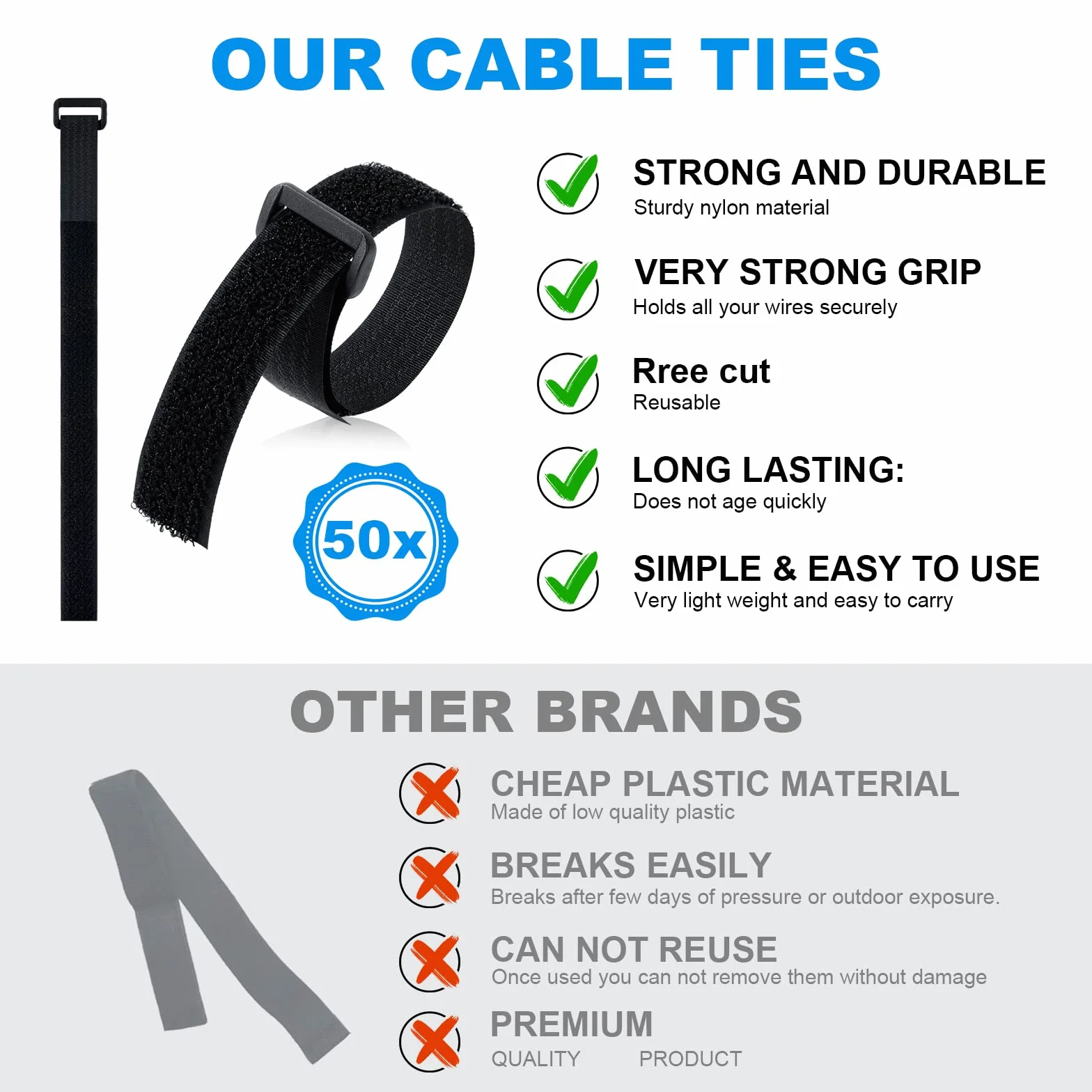Ainiv Bridas Reutilizables de 10m con 50 Hebillas, 1 Rollo Bridas para Cables, Sujeta Cables Correas Corte Libre, Gancho y Bucle Organizador Cables Multiusos para Oficina, Hogar (10m x 2cm, Negro)