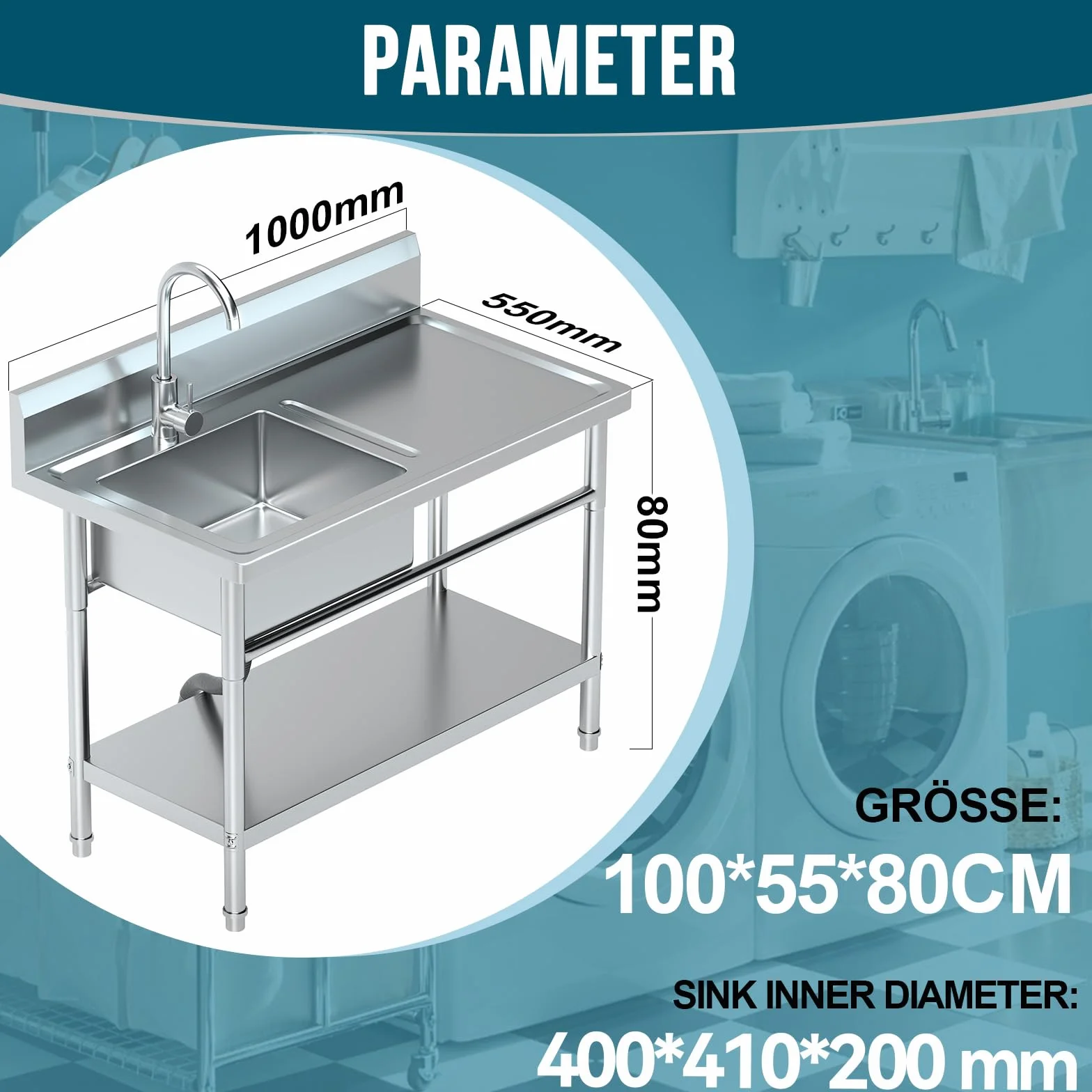 RiveraSink Fregadero Inox Independiente 100×55×80 cm con Encimera, Grifo Giratorio 360°, Cesta Filtro y Cubeta Grande – Altura Ajustable, Fácil de Limpiar – para Cocina, Hostelería y Jardín