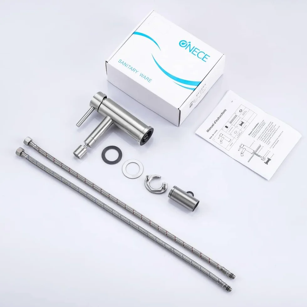 ONECE Grifo para Lavabo y Bidé, Mezclador de Baño con Rociador de Caño Giratorio, Grifería Monomando Cepillado, Aireador Extraíble, Agua Fría y Caliente, Acero Inoxidable 304