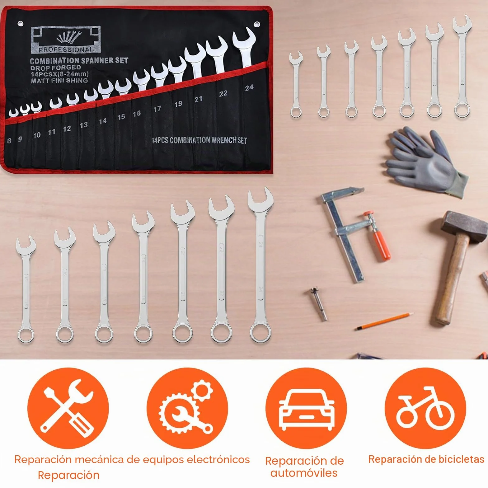 Mesybveo 14 Piezas Juego de Llaves Trinquete Combinadas, 8-24mm Llaves Fijas con Carraca de Acero al Cromovanadio, Llaves Planas de 12 Dientes con Funda Enrollable, para Fijar y Desmontar