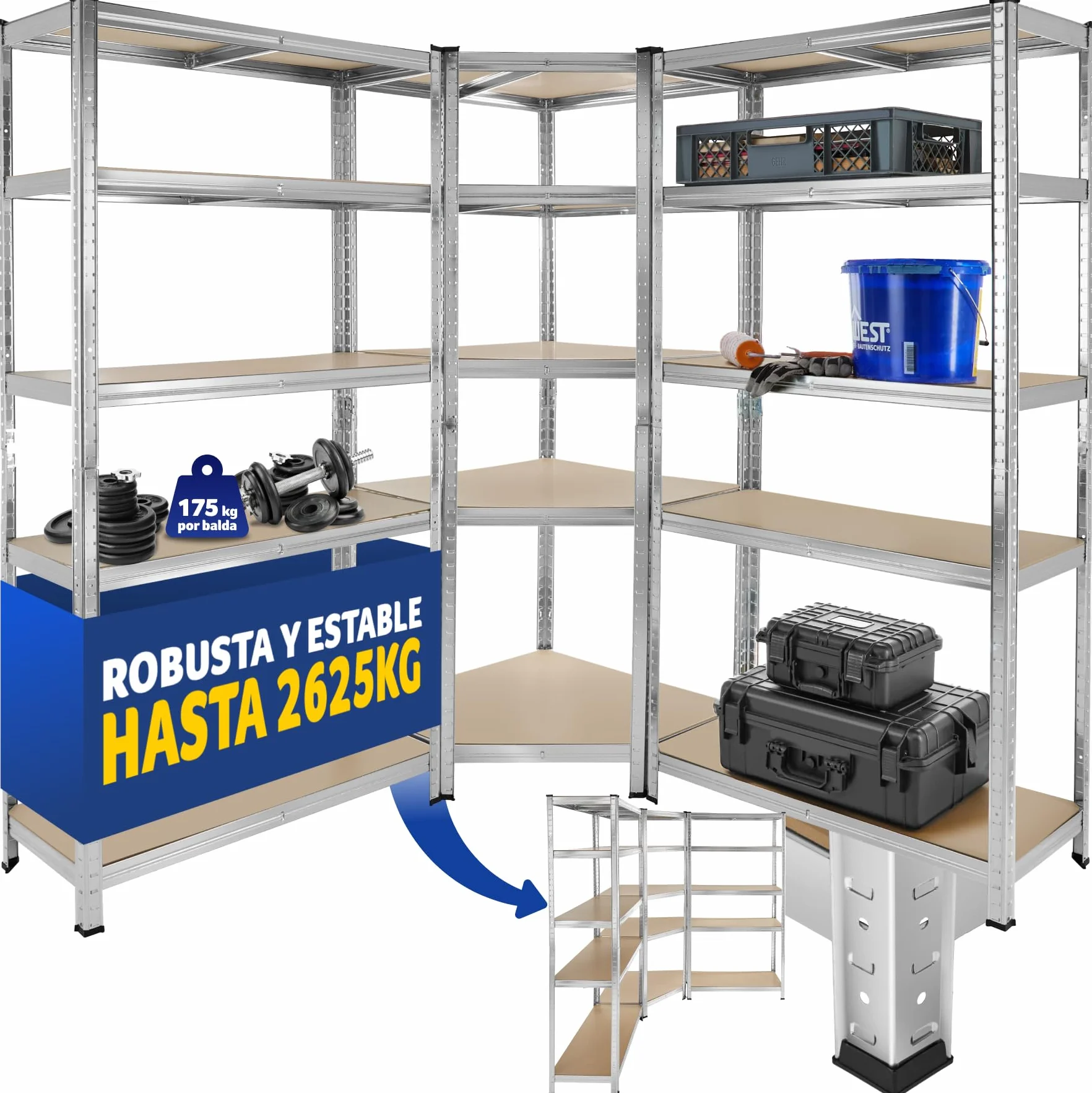 tectake® Estantería para Cargas Pesadas, 3 Partes, 15 Estantes, Estructura de Acero Galvanizado, Capacidad de Carga 2625 kg, Ajustable en Altura, Convertible en Bancos de Trabajo, Bordes Redondeados
