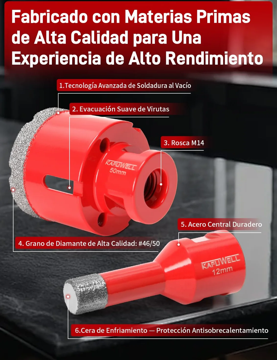 8Pz M14 Broca Diamante, Brocas Porcelánico Ø 6/8/10/12/35/50/68mm con Adaptador, Soldada Vacío, Coronas para Porcelánico, Taladrado Seco para Azulejos, Cerámica, Mármol, Granito
