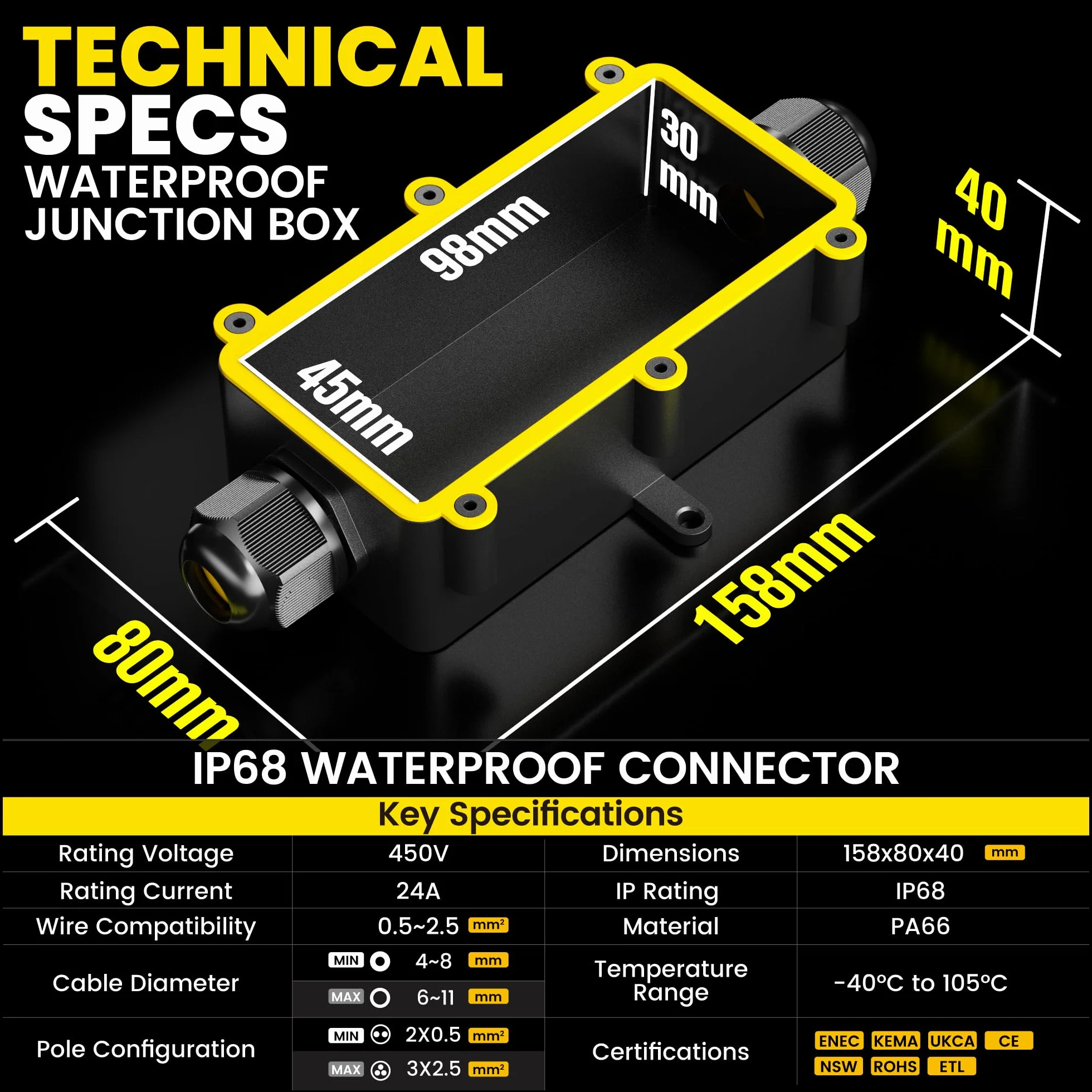 PEBA Cajas de Conexiones Impermeables IP68, Conector de cable estanco, Caja de conexiones de conector de cable Exterior de 2 vías, Apto para cables 4-11 mm caja empalmes exterior Negro