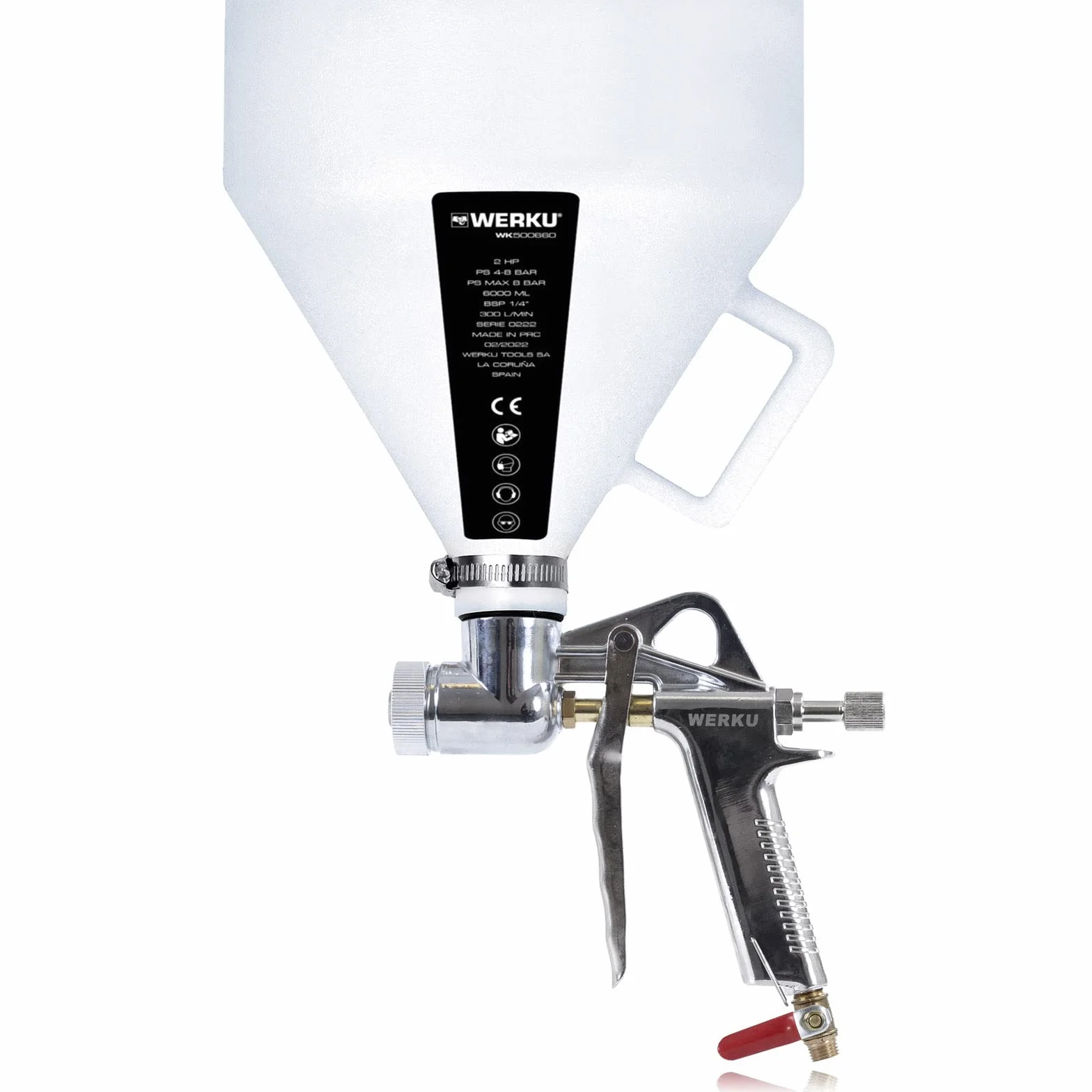 Werku WK500660, Pistola Pintar Gravedad Gotelé Neumática, Calidad Profesional, Boquillas 4-6-8 mm, Depósito 6 L, Especial Gotelés, Yesos, Pétreos, Viscosidades Altas