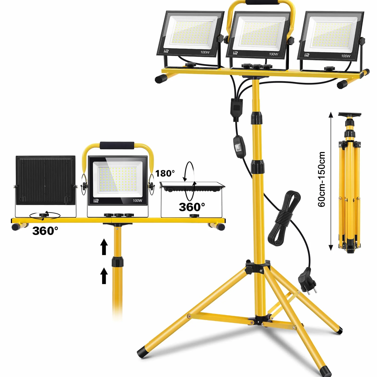 Foco de Trabajo LED 300W con Trípode Telescópico, 30000LM 6500K Foco de Trabajo LED con Enchufe Cable de 3m, Rotación de 360°, IP66 Impermeable Luz de Trabajo para Taller, Obras, Garaje