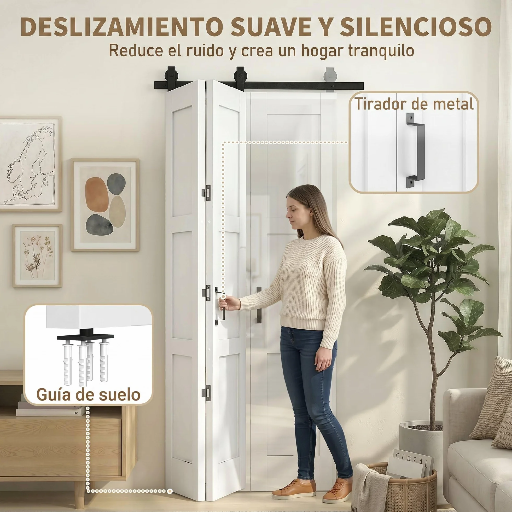 HOMCOM Puerta Corredera Plegable con Herrajes 91,4x213,4 cm, Puerta Corredera Interior con Rodillo, Riel de Acero, Guía de Suelo, Manija, para Baño, Salón, Sala de Estar, Blanco