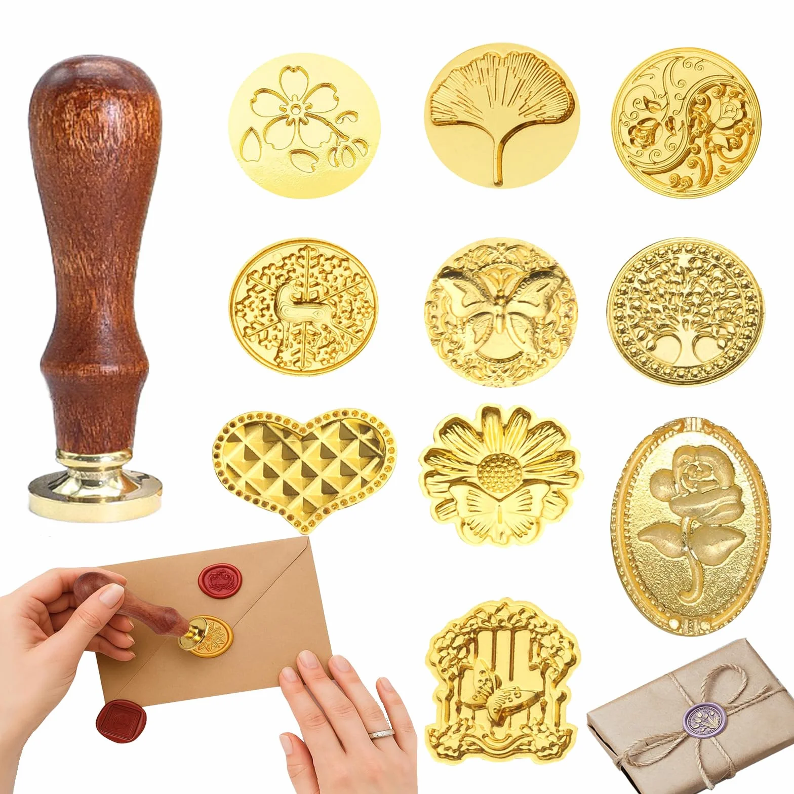Juego de sello de cera 11 piezas con 10 cabezales metal grabados y mango madera
