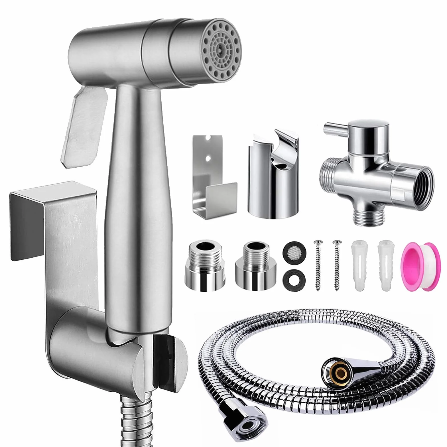 Bidet Handbrause Set Edelstahl Doppelfunktion mit G1/2" T Ventil G3/8" Adapter für Dusche Badezimmer
