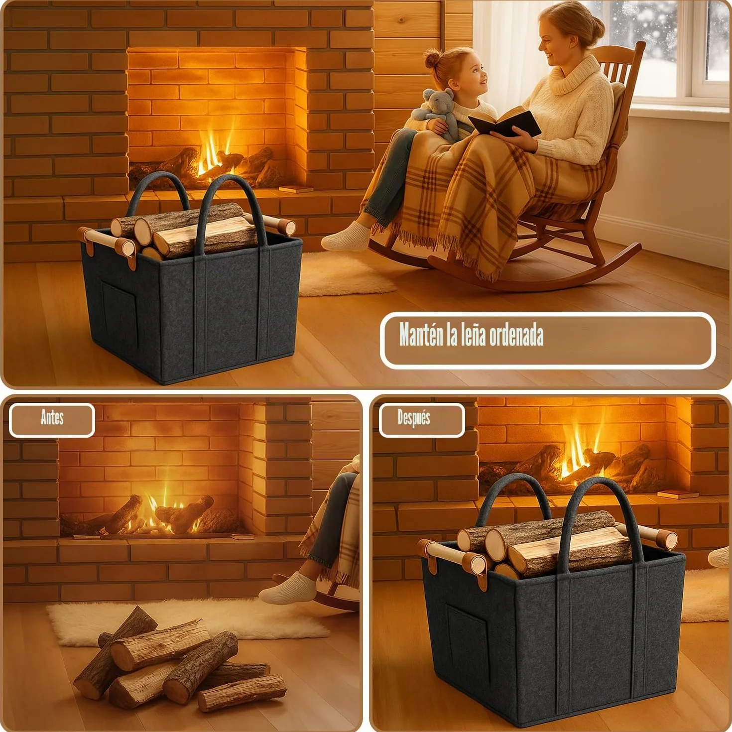 Cesta Leña Chimenea de Fieltro, Cesta para Leña con Guantes, Cestas Almacenaje con Asas de Transporte, para Leña, Revistas, Periódicos, Ropa (42 cm x40 cm x 30 cm)