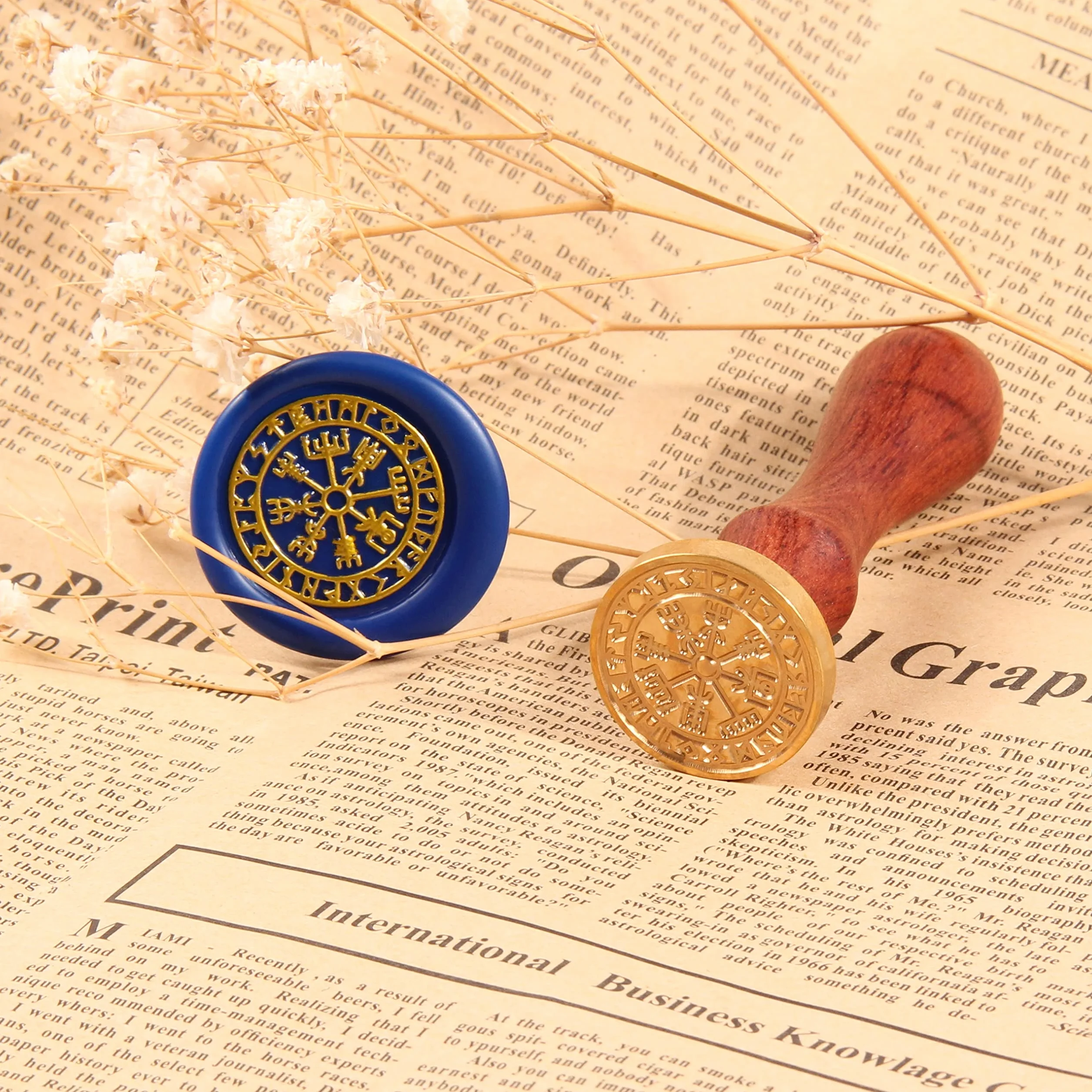 Vegvisir - Sellos de cera de brújula vikinga para sellado de hechizos de runas nórdicas, 25 mm/1 pulgada, cabeza de sello original vintage con mango de madera