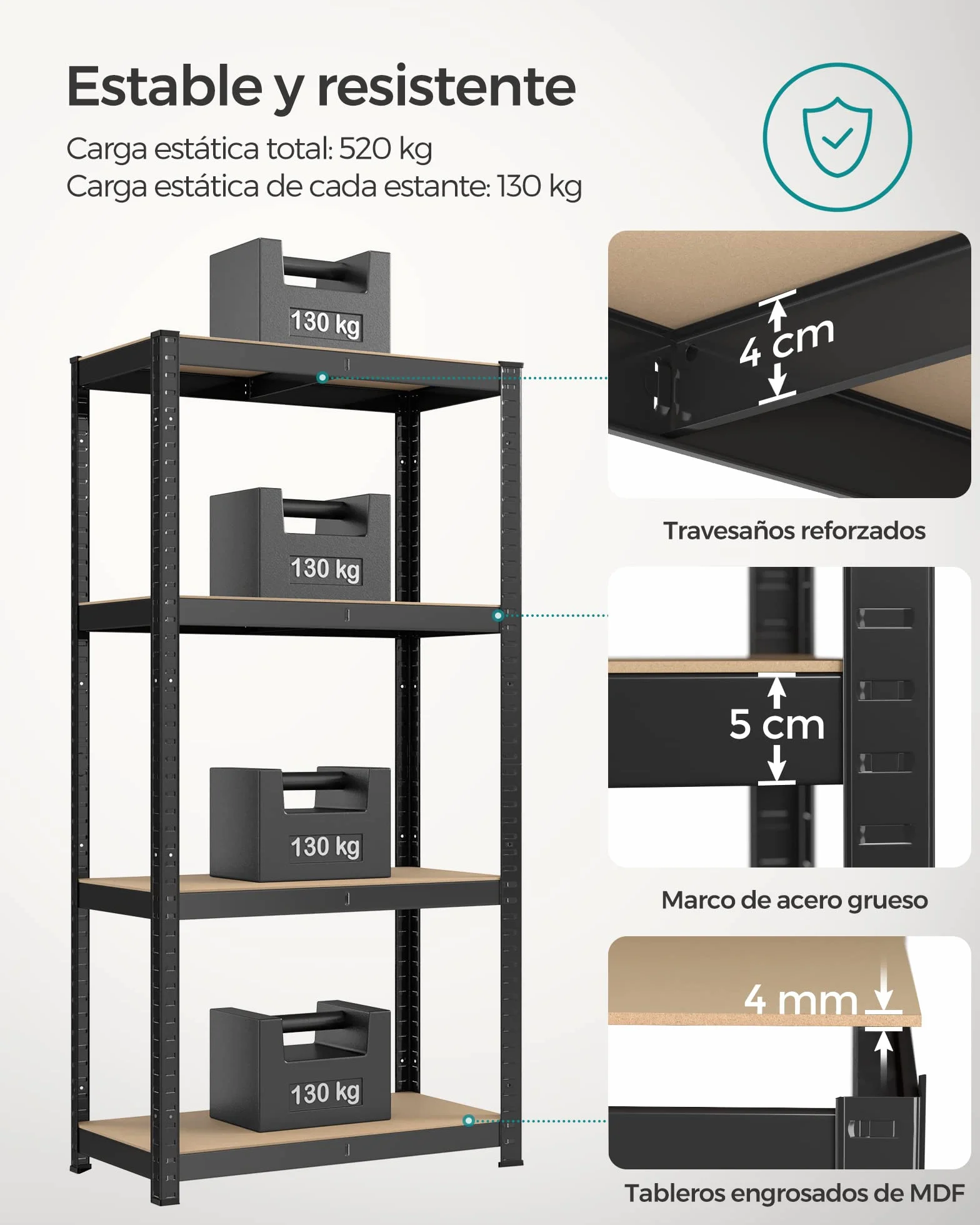 SONGMICS Estantería Pesada de Acero 520 kg 40x80x160 cm Negro 2 Piezas