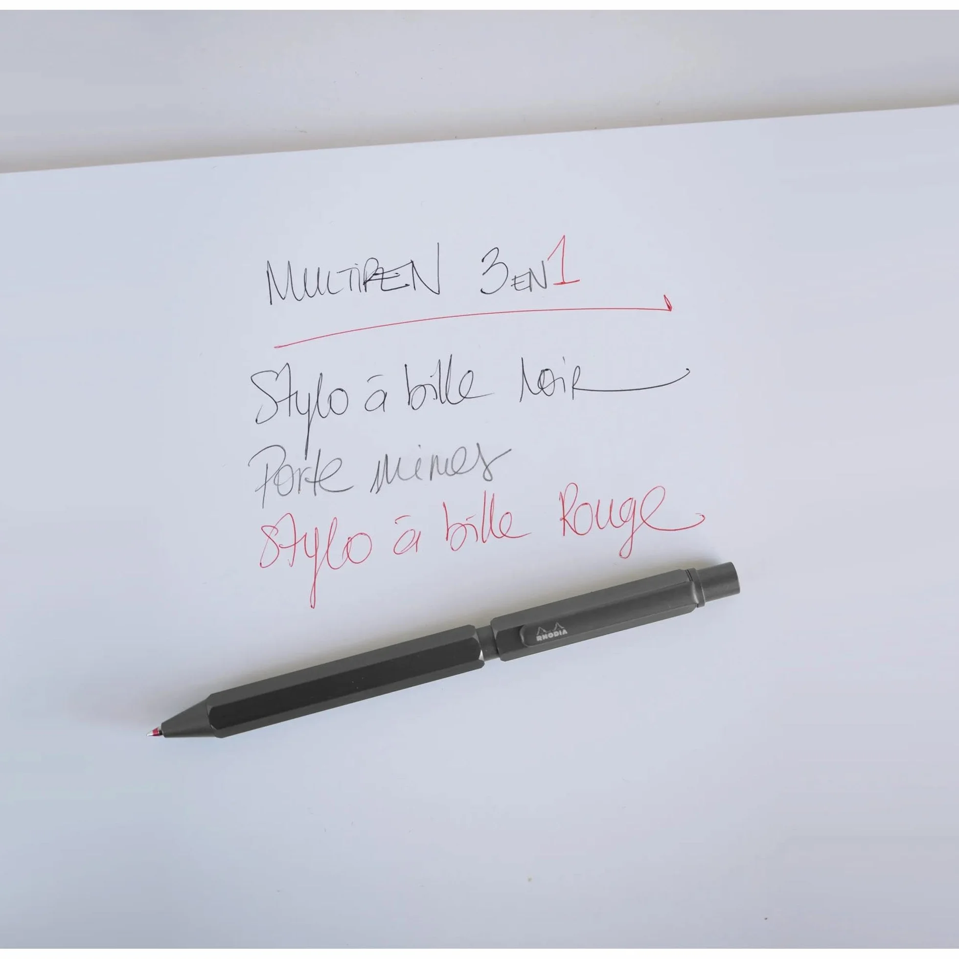 Rhodia 9371C Multipen ScRipt 3-en-1 Stylo-Bille 0,5 mm Noir Rouge Portemine 0,5 mm Corps Aluminium Brossé Titane Rechargeable