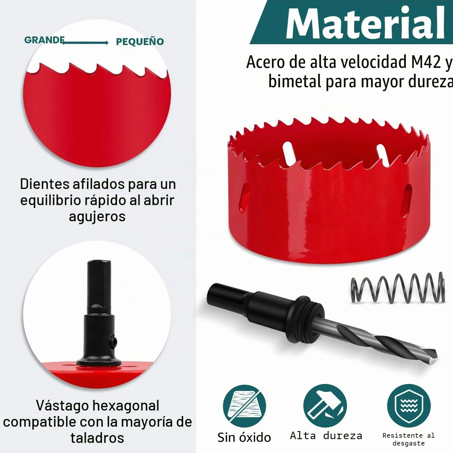 Sierras de Corona 100mm, M42 HSS Bi-Metal Corona Taladro con Adaptador Hexagonal y Taladro, Corona Metal para Pladur Madera Plástico, 1 pieza Rojo