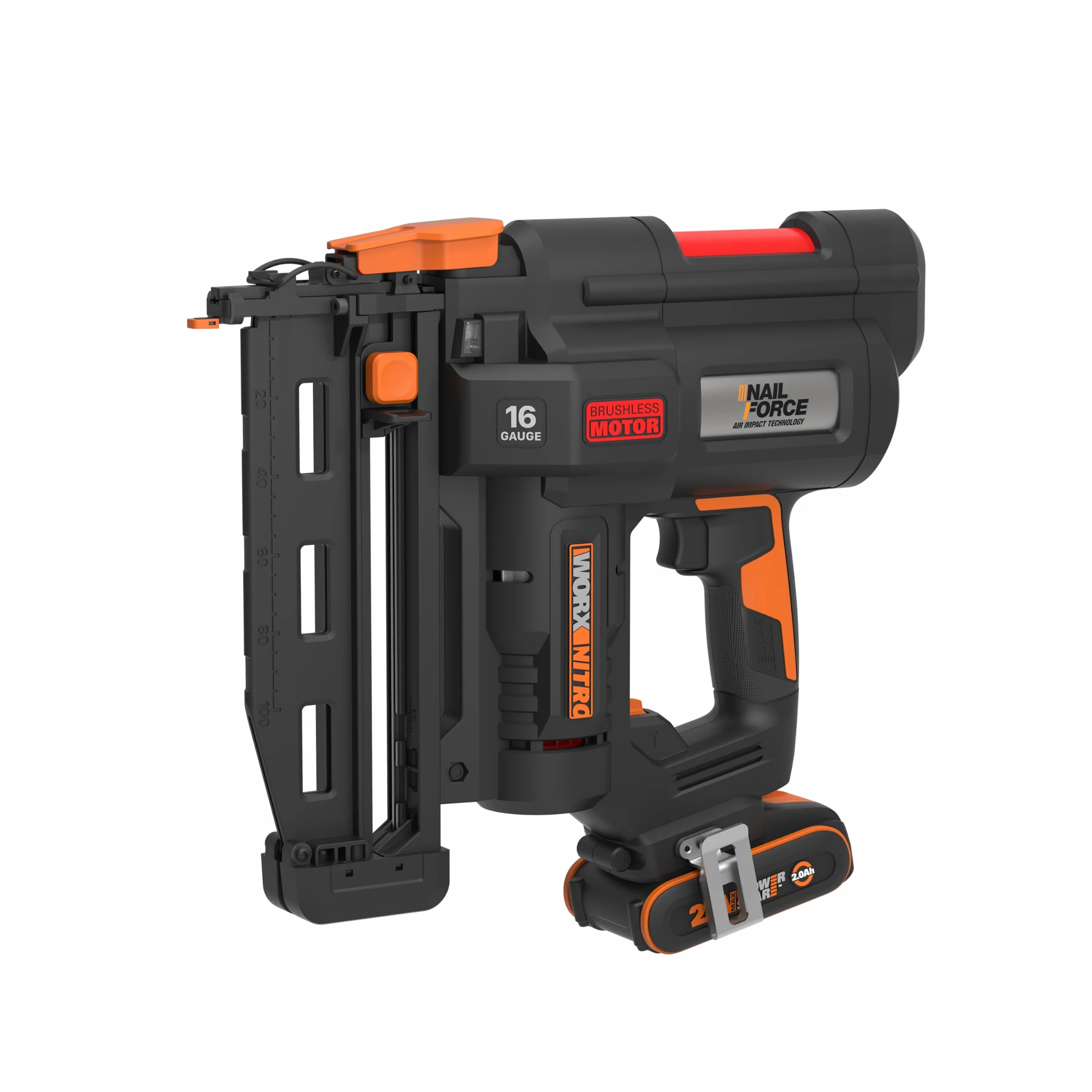 WORX WX841 Nitro – Clavadora eléctrica inalámbrica 20 V – 2 Ah – Tire hasta 80 clavos por minuto – Hasta 64 mm en la madera – Desbloqueo sin herramientas – (incluye batería y cargador| 200 clavos