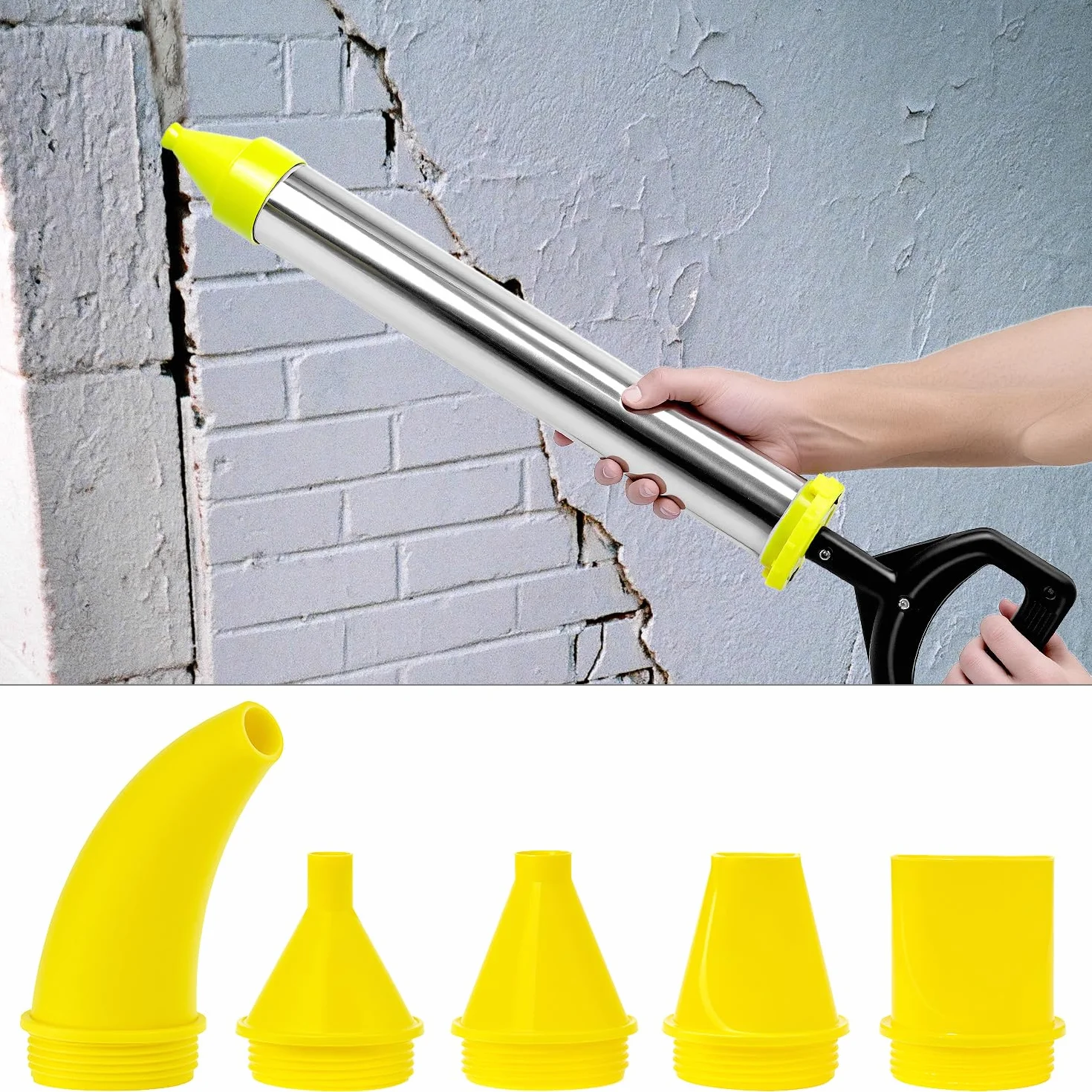 QWORK® Aplicador de Mortero Inoxidable con 5 Boquillas - Pistola de Mortero para Reparar Grietas y Calafateo - Incluye Cabezal de Sellado de Repuesto y Guantes