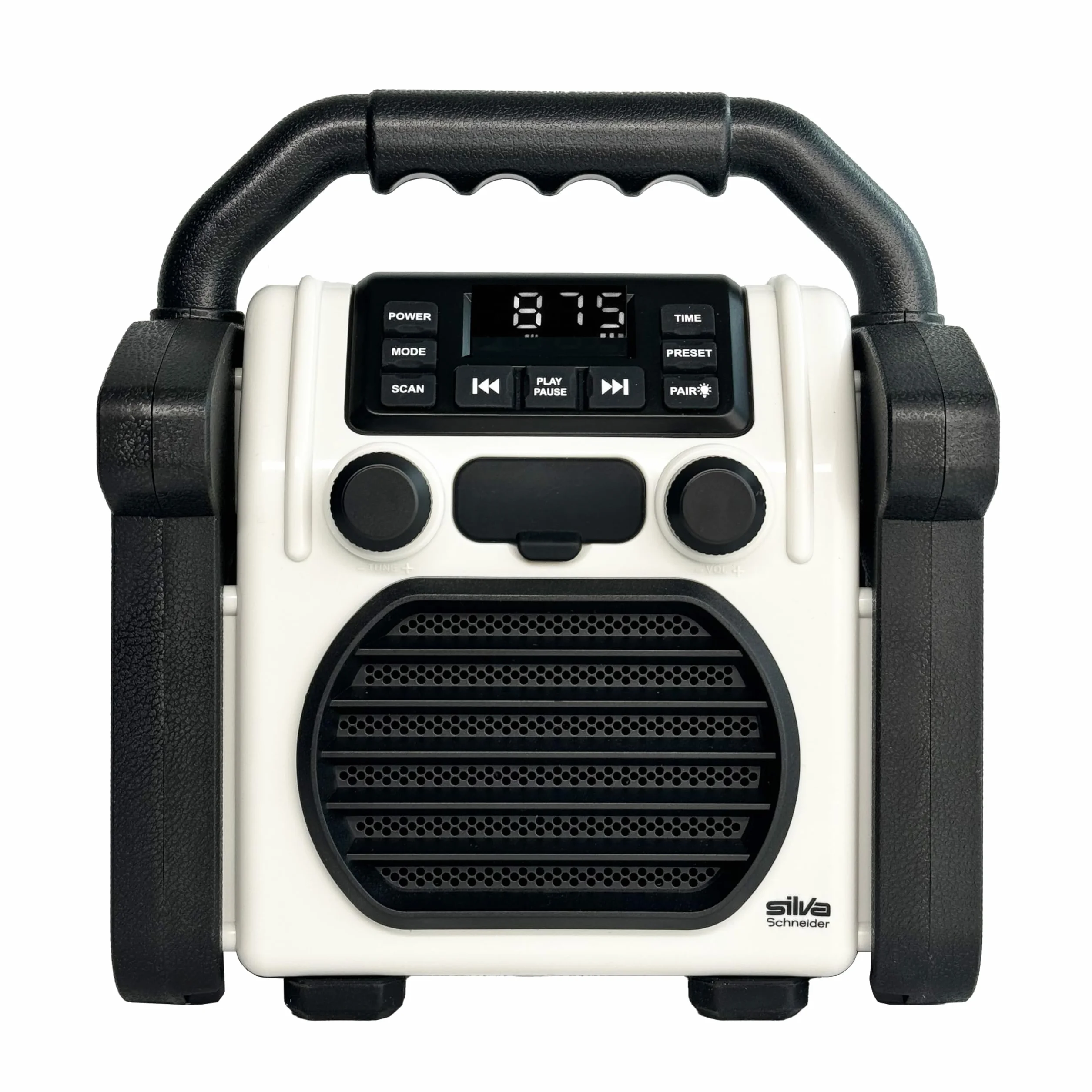 BR 230 BT - Radio para Obras con Bluetooth, Color Amarillo neón/Blanco Roto, Silva Schneider - Radio Digital PPL, 100 W, IP55 Resistente al Polvo y al Agua, batería de 4000 mAh, función de Carga USB